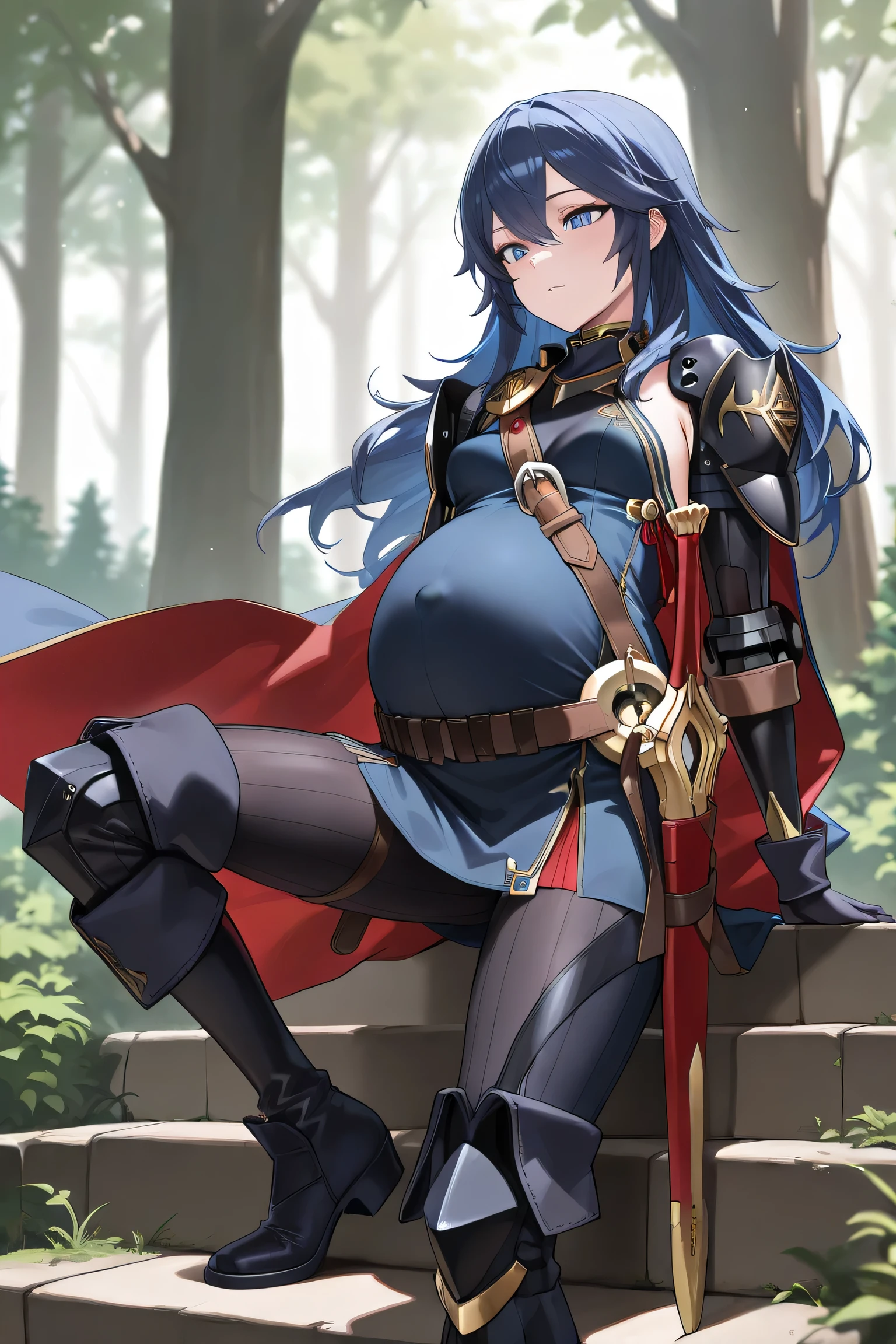 (Best quality, 4k, 8k, high resolution, masterpiece:1.2), ultra detailed, intricate details, beautiful girl, alone, long blue hair, (long hair:1.0), bangs, blue eyes, small , perfect smooth skin, head tilted, (Pregnant:1.0), At forest on weeded streets, dark navy tunic with gold accents, long blue cape, dark navy shoulders armor , dark navy forearms armor , dark navy boots armor, brown leather belt, pouches attacht to belt, legendary sword Falchion in an ornate scabbard, sheathed sword, dark gloves, dark navy long pants, high waisted pants, dark blue clothes inside tunic covered shoulder all skin, Sleeved Tunic