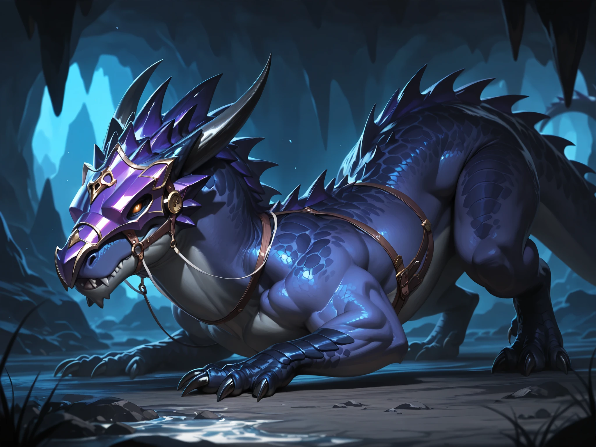 (tangobat:0.7),(Sakimichan:0.7),(High CT quality,4k,High resolution,main piece:2.3),(Very detailed,Realistic:1.37,Best quality,masterpiece, high resolution,on_body), (Tyndall effect,photorealistic, Edge lighting, Two-color lighting),(high definition skin:2.3), (8K UHD, DSLR quality, soft lighting, high quality, surround lighting, sincere, de 8K , 4K, 8K.) ( male character) The twilight elf is a cave lizard rider.black and blue skin, pointed ears of a twilight elf. A spiked helmet with a visor in the shape of a dragon's snarl. A shadow elf in armor holds a bridle and a Lance. He rides on purple armored dinosaur Velociraptor . Background : a dark crystal cave.