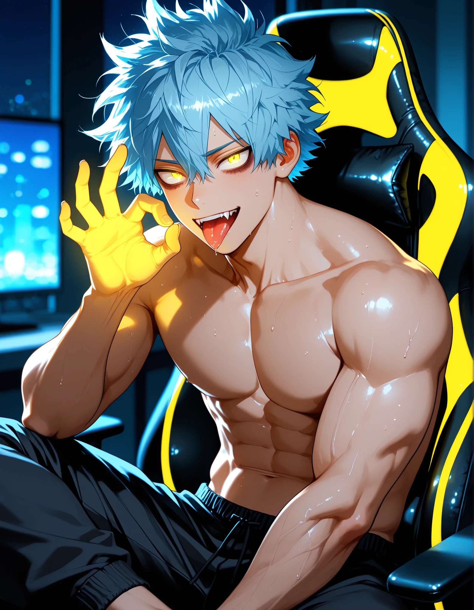 solo, half body, {((male)), my hero academia, ((mature:9)), muscular, tall, ((electric sky blue hair)), short messy hair, hair in face, hair between eyes, light skin, ((yellow glowing eyes)), boy hair cut, sharp fangs, dark shadows under eyes, seductive confident expression, fellatio gesture, tongue out, saliva, small nervous sweat bead, shirtless, bare chest, black sweatpants, bare feet, lounging in a black and yellow gaming chair}, [BREAK] blurred background, inside, gaming room, dark, night time, [BREAK] general, masterpiece, masterwork, best quality, highres, cinematic composition, ultra-detailed lace and fabric textures, eyesHD, high gradient eyes, detailed eyes, high definition eyes, photoreal semi-cinematic style, seductive villain witchy harvest mood, pin-up aesthetic