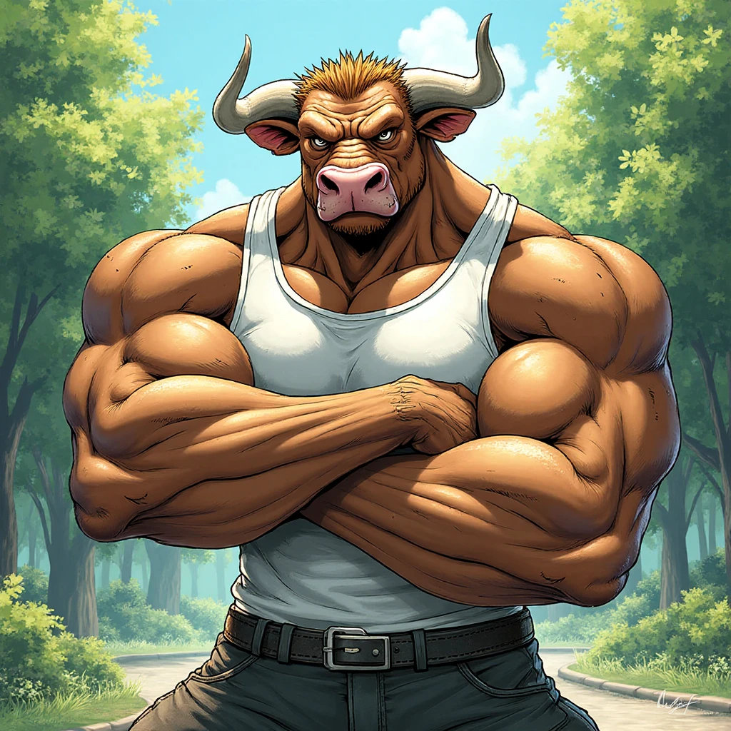 by personalami, by honovy, by thebigslick, by taran fiddler, male, solo, anthro (bovine), adult, photorealistic, hyperrealistic, ultradetailed, natural pose, (muscular, beefy, bodybuilder:1.3), ((standing)), , (:1.2), (detailed eyes:1.2), (:1.2), (()), (hairy), ((front view)), (()), ((smile, looking at viewer)), (detailed background, farm), ((young))