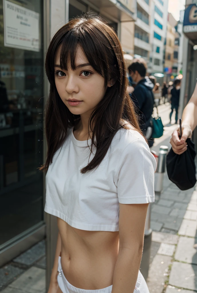 the Extremely Detailed CG Unity 8K Wallpapers、top-quality、ultra-detailliert、​masterpiece、realisitic、Photo Real、extremely detailed cute girl、20yr old、((skirt lift by yourself)))、(Lifted by yourself)、panties on、panties focus、red blush、((open legs)), cparted lips、looking at the camera、Semi-body shot、(Large crowds)、(in a tokyo street)、(((Show your pubic area saddly)