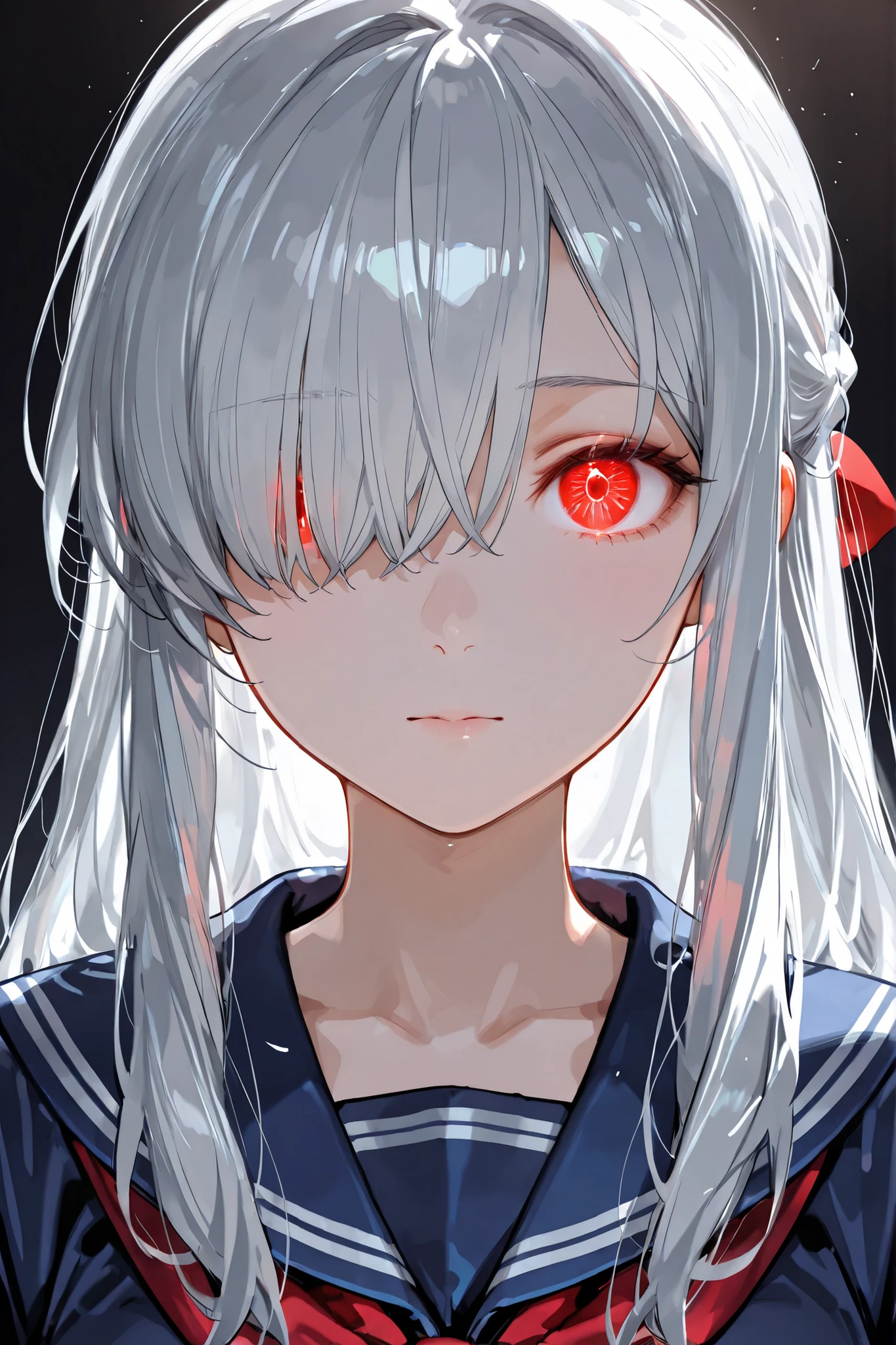 Face Closeup,looking at the viewer from the front,Red glowing eyes, Silver Hair,bangs over one eye,high school girl hugging her teacher,navy blue sailor suit,red ribbon ,Detailed depiction of the face,Backlight,simple slightly dark background