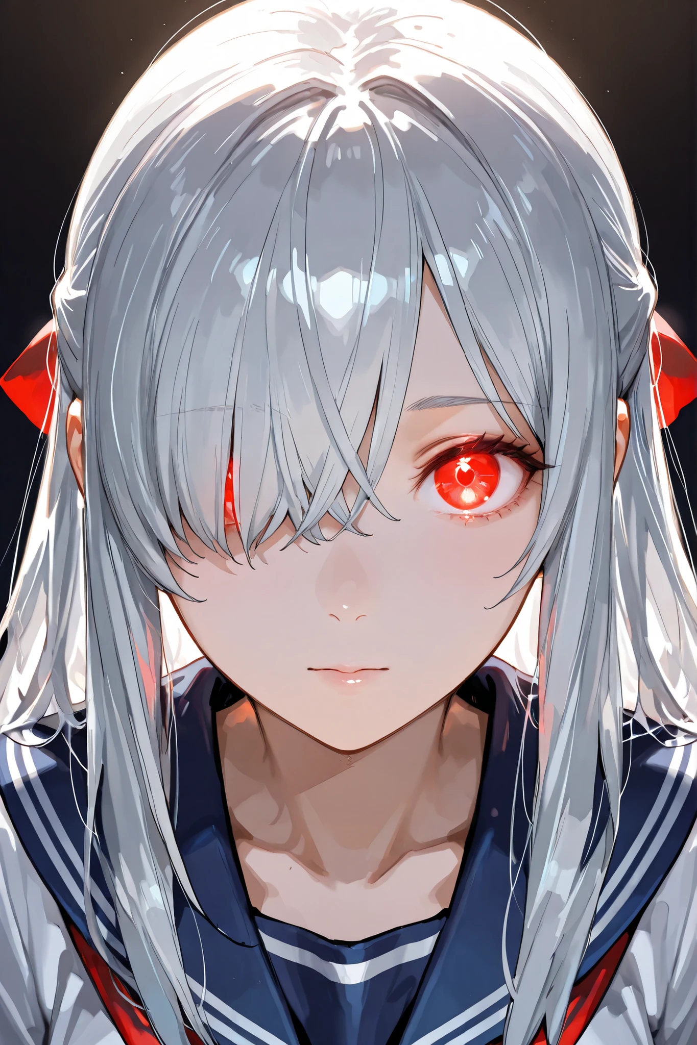 Face Closeup,looking at the viewer from the front,Red glowing eyes, Silver Hair,bangs over one eye,high school girl hugging her teacher,navy blue sailor suit,red ribbon ,Detailed depiction of the face,Backlight,simple slightly dark background