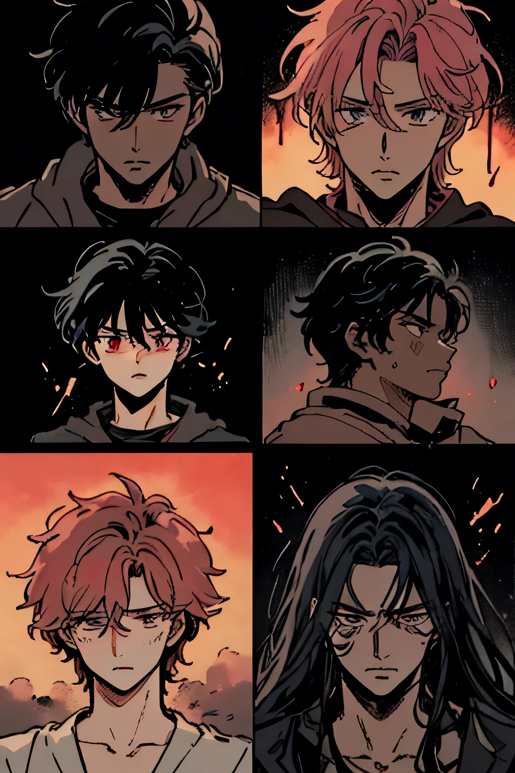 (score_9, score_8_up), Darkly illuminated Background. The art style is highly detailed and refined, resembling anime or fantasy visual novel illustrations, with a slightly dark tone and soft shading. Detailed, masterpiece, best quality, golden ratio, anime style., blood red and black color scheme, ominous atmosphere, shadowy lighting, violent energy, best quality. 2men , 1black hair man, 1pink hair man, perfect face , two handsome males , two adult males, Delicate line drawingimpasto, masterpiece, high resolution, Top quality, unique , 2 male , nice , tanned skin , black haired, a noble, German, two men in love,  yaoi anime,