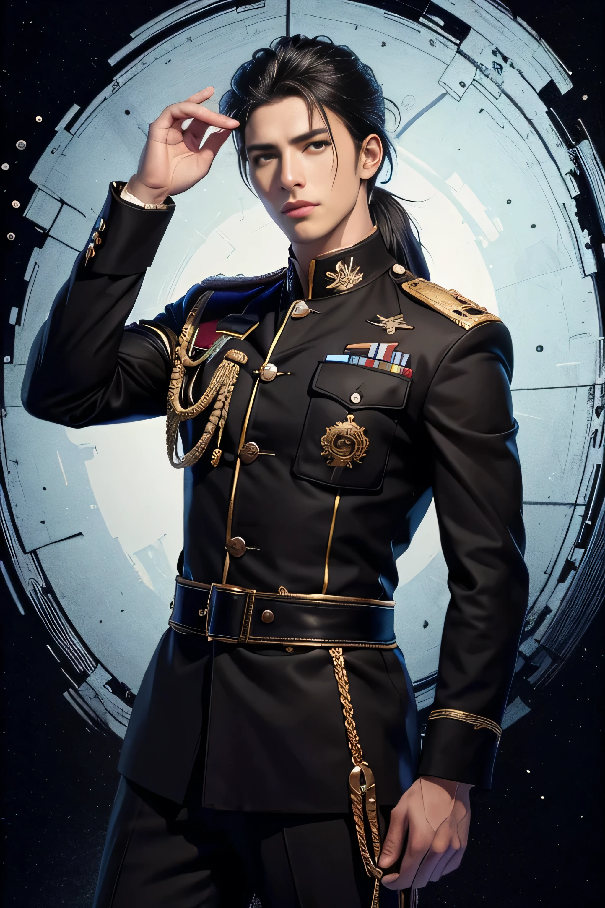 ((1 male)), 25 years old, (masterpiece, top-quality, Detailed and complex, official art, aesthetically pleasing:1.3), (1 blackhaired male in:1.3), (realistic art:1.3), ((wearing military black outfit, black shirt)), curly black hair, ((low ponytail)), He is a handsome demon prince, His posture is upright and commanding, with one hand casually placed in their pocket, hinting at both authority and ease. A neutral or stern expression, possibly with intense or piercing eyes, suggests a shrewd and calculating mind.
