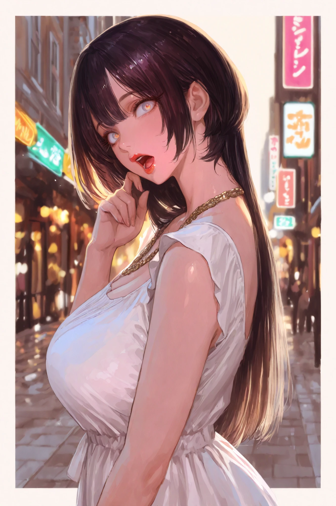(nsfw),masterpiece,ultra detailed,hyperrealistic anime,curvy seductive woman,(tareme),thick lips,long black hair,blunt bangs,wavy hair,tube top frilled blouse,black short skirt,stall on shoulder,,make-up,standing at crowded street,sweaty,look at viewer,aroused and happy,pouting,