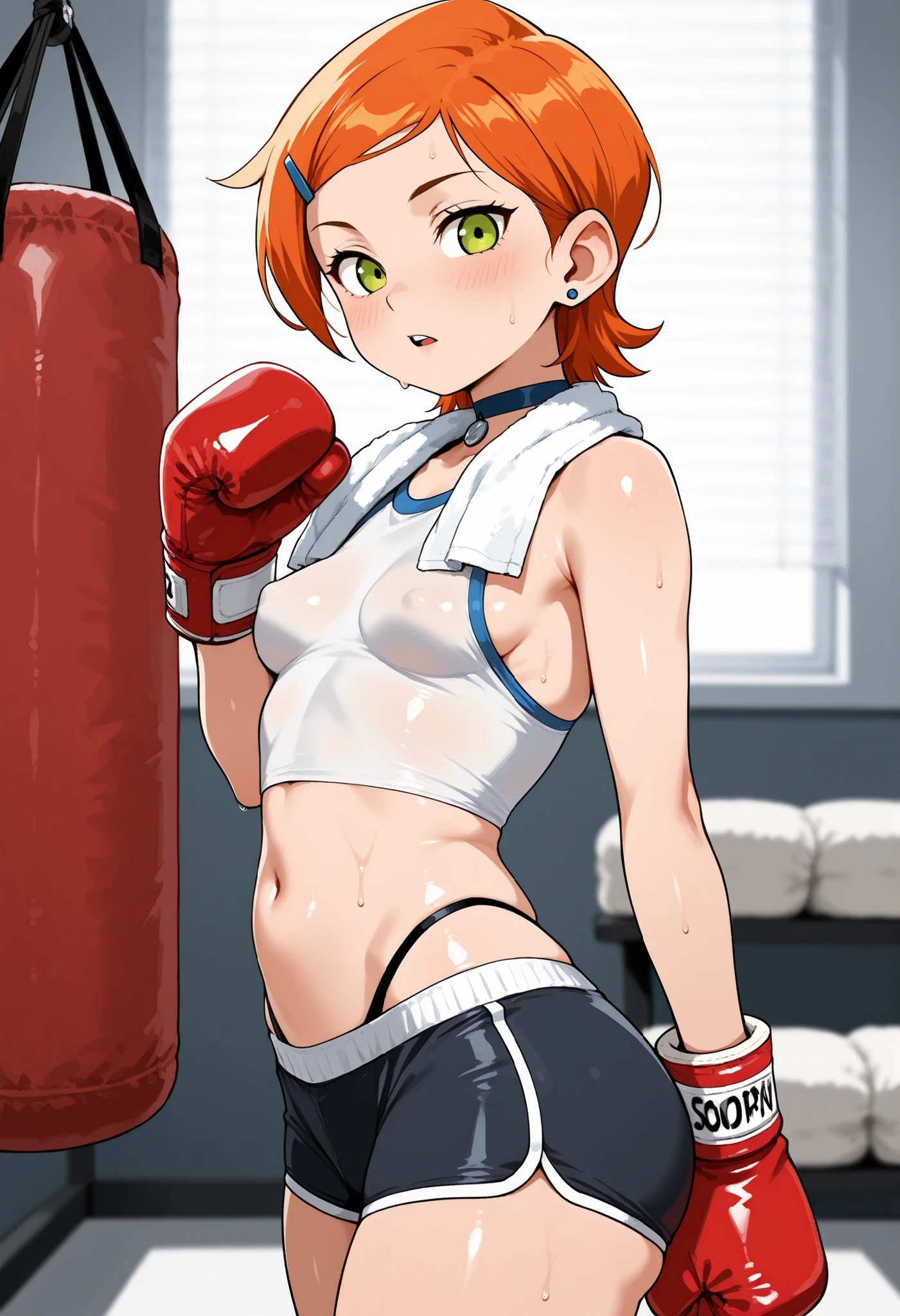 Gwen Tennyson . ginger . short hair . green eyes . small saggy breasts, huge hips . slim body . choker . | score_9, score_8_up, solo, blurry background, side view, boxing gym, carry boxing gloves, boxing gloves on back, sandbag, punching bag, window, window blinds, shiny skin, shirt, see-through top, sideboob, midriff, dolphine minishorts, skin tight, highleg panties, sweat, towel over shoulder, looking at viewer, blush, parted lips, upper teeth, cinematic lighting,