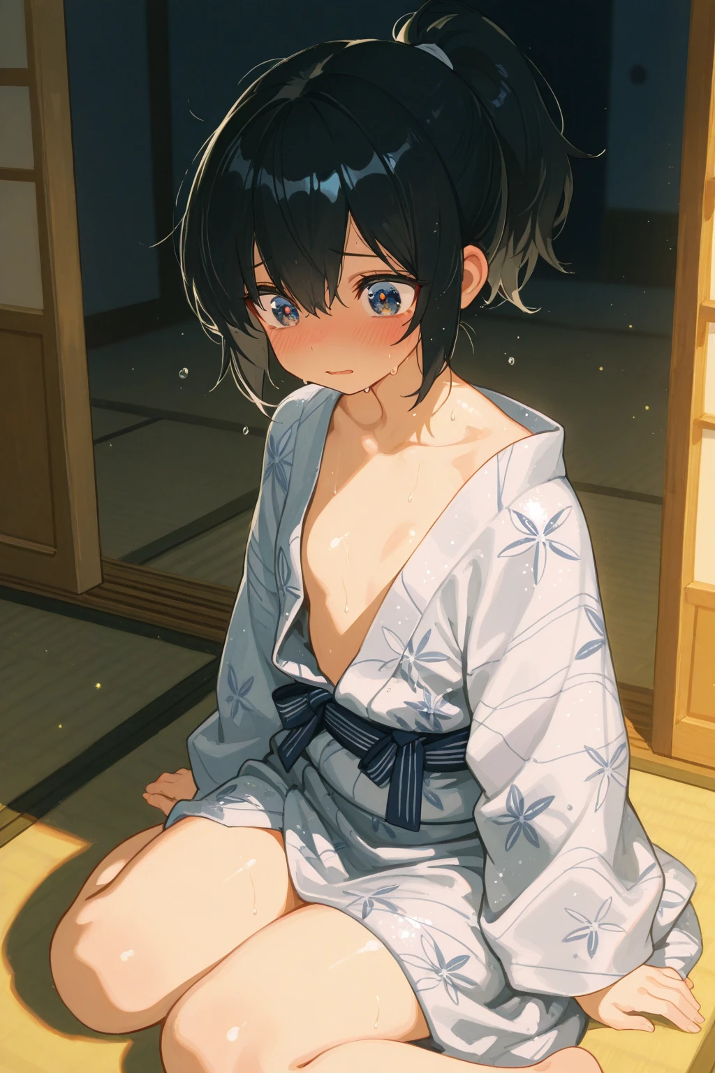 score_9, score_8_up, score_7_up, score_6_up, score_5_up, score_4_up, source_anime,cinematic shadow, perfect hands,(cowboy shot :1.2), small breasts,<lora:StS_PonyXL_Detail_Slider_v1.4_iteration_3:4>, high resolution, ultra detailed,8K,16K,32k,64k,128k,256k,ultra-detailed,best quality,  <lora:zPDXLxxx+:1> zPDXLxxx, <lora:zPDXLpg+:1> zPDXLpg, ,body blush, <lora:mio:1>  mio, short black hair, bangs,dark skin, blue eyes,miokimono,hair flower,blue kimono,floral print,blue sash , long sleeves, presenting body,  dynamic pose, undressing, bare shoulders,  nude, one-piece tan, from behind, looking back, shy, nervous smile,