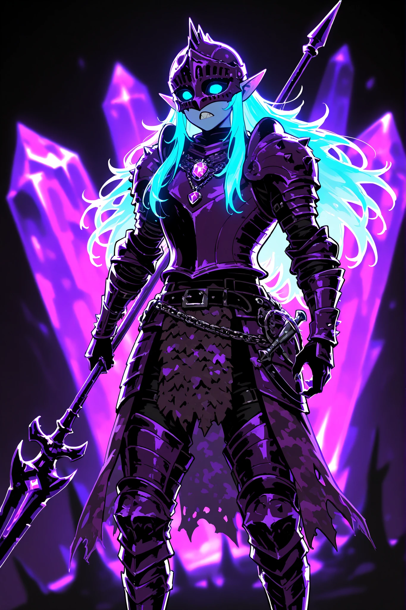 ((1 male character)) The twilight elf , wyvern rider. He has a tall broad-shouldered  athletic masculine bodybuilding. He has pale-blue skin, he has  long pointed elf ears. he has messy straight long bright blue hair. He has glowing TURQUOISE eyes. He has an ornate black tattoo and thick jet-black eyeliner on his eyes. He has pale lips and sharp needle-like teeth.  he wearing spiked helmet with a visor in the shape of a dragon's snarl. he dressed in purple twilight knight armor: male chain mail,sternum plate etched with runic sigils , shoulder pads, bracers, knee pads on his armored boots,black trousers and greaves. He has a crystal pendant on his belt. he has a black\purple camouflage cloak. He holds a spear-Lance. He has a pet a huge purple armored dragon with a saddle on the back. (On the ackground:a darkest dungeon cave and catacombs with underground lakes, illuminated by glowing crystals. dnd.)