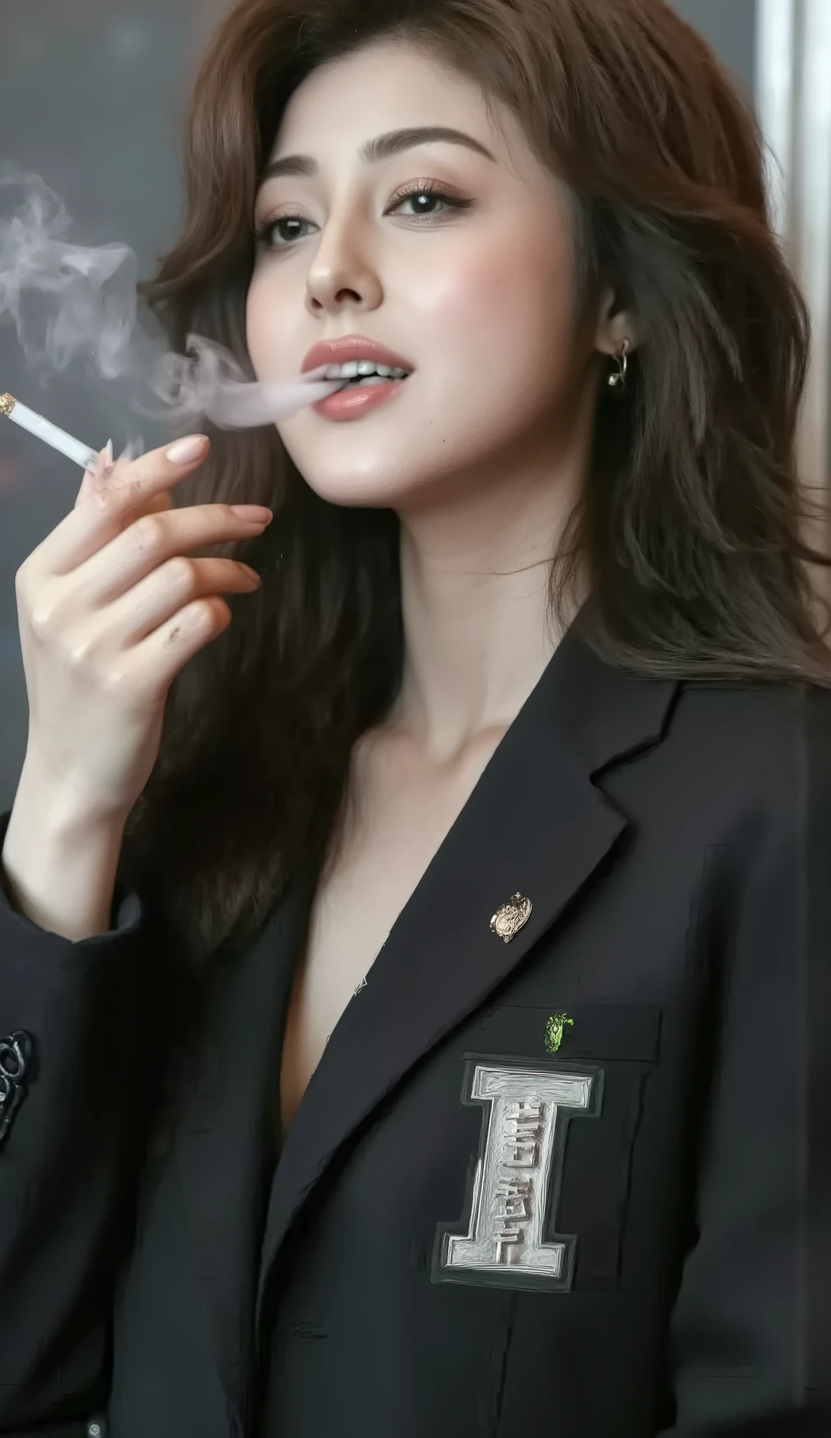 ((Professional Photographer's Close-up of Face)), Professional close-up portrait of an attractive 30-year-old Japanese woman. ((((Norika Fujiwara))))), Photorealistic, (((32K Quality))), ((Ultra-Realistic)), Japanese mature woman. Beautiful actress. Real person, curvaceous and tall. Medium brown hair. Beautiful legs. Captivating smile. Elegant makeup. (((((Smoking: 0.8)))), ((((Cigarette in mouth)))), ((Ultra high resolution, ultra realistic and detailed brown filter cigarette and bright red lipstick))), (((Ultra clear, ultra HD, high resolution, high quality, detailed, exhaling large amounts of smoke from mouth and nose))), ((((((Ultra high resolution, ultra clear, ultra high resolution, high resolution, ultra realistic image of a green and white Marlboro Menthol box)))))), (((She is smoking a lot of brown filter cigarettes))), ((((Ultra high resolution, ultra clear, ultra high resolution, high resolution, ultra realistic image of a green and white Marlboro Menthol box))))))), ((((She is holding a Marlboro in her hand) She is holding a pack of menthol cigarettes)))), (((She is holding a pack of Marlboro cigarettes and she has menthol in her breast pocket))))))), (((Ultra high resolution, bright red lipstick and exquisitely realistic brown filters)))))), (((She is smoking a lot of brown filter cigarettes)))))), (((Ultra clear, ultra HD, high resolution, high quality, she is exhaling copious amounts of smoke from her mouth and nose))), ((Chanel Coco Mark Emblem Tailored Jacket P24952V12963 Women's Black)), big breasts, glowing skin. Focus on Face, (Excellent: 1.2), Highest Quality, (Best Quality: 1.7), High Resolution, Colorful, Highest Resolution, Dreamy, Bright Colors, Live Action, Realistic Skin, Pale Skin, Surreal, Japanese Female, Long Hair, Shiny Hair, Piercing Gaze, Delicate Skin, Slender Body, Oiled Body and Face, Red Sticky Lips (Anatomically Correct), Red Nails, Smooth Skin, Zoom in on Face, Oiled Body and Face, Profile, Bust Up, Fuck You Pose. Her lips are