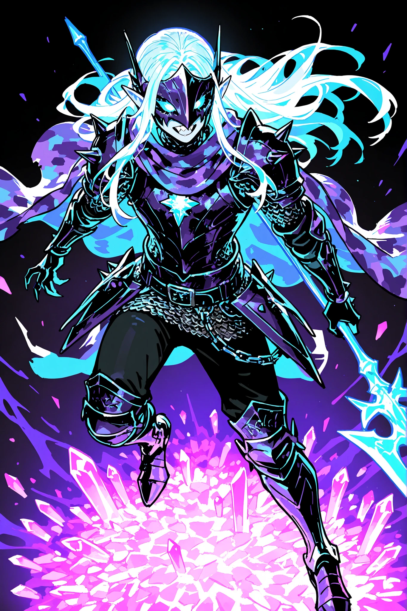 ((1 male character)) The twilight elf , wyvern rider. He has a tall broad-shouldered  athletic masculine bodybuilding. He has pale-blue skin, he has  long pointed elf ears. he has messy straight long bright blue hair. He has glowing TURQUOISE eyes. He has an ornate black tattoo and thick jet-black eyeliner on his eyes. He has pale lips and sharp needle-like teeth.  he wearing spiked helmet with a visor in the shape of a dragon's snarl. he dressed in purple twilight knight armor: male chain mail,sternum plate etched with runic sigils , shoulder pads, bracers, knee pads on his armored boots,black trousers and greaves. He has a crystal pendant on his belt. he has a black\purple camouflage cloak. He holds a spear-Lance. He has a pet a huge purple armored dragon with a saddle on the back. (On the ackground:a darkest dungeon cave and catacombs with underground lakes, illuminated by glowing crystals. dnd.)