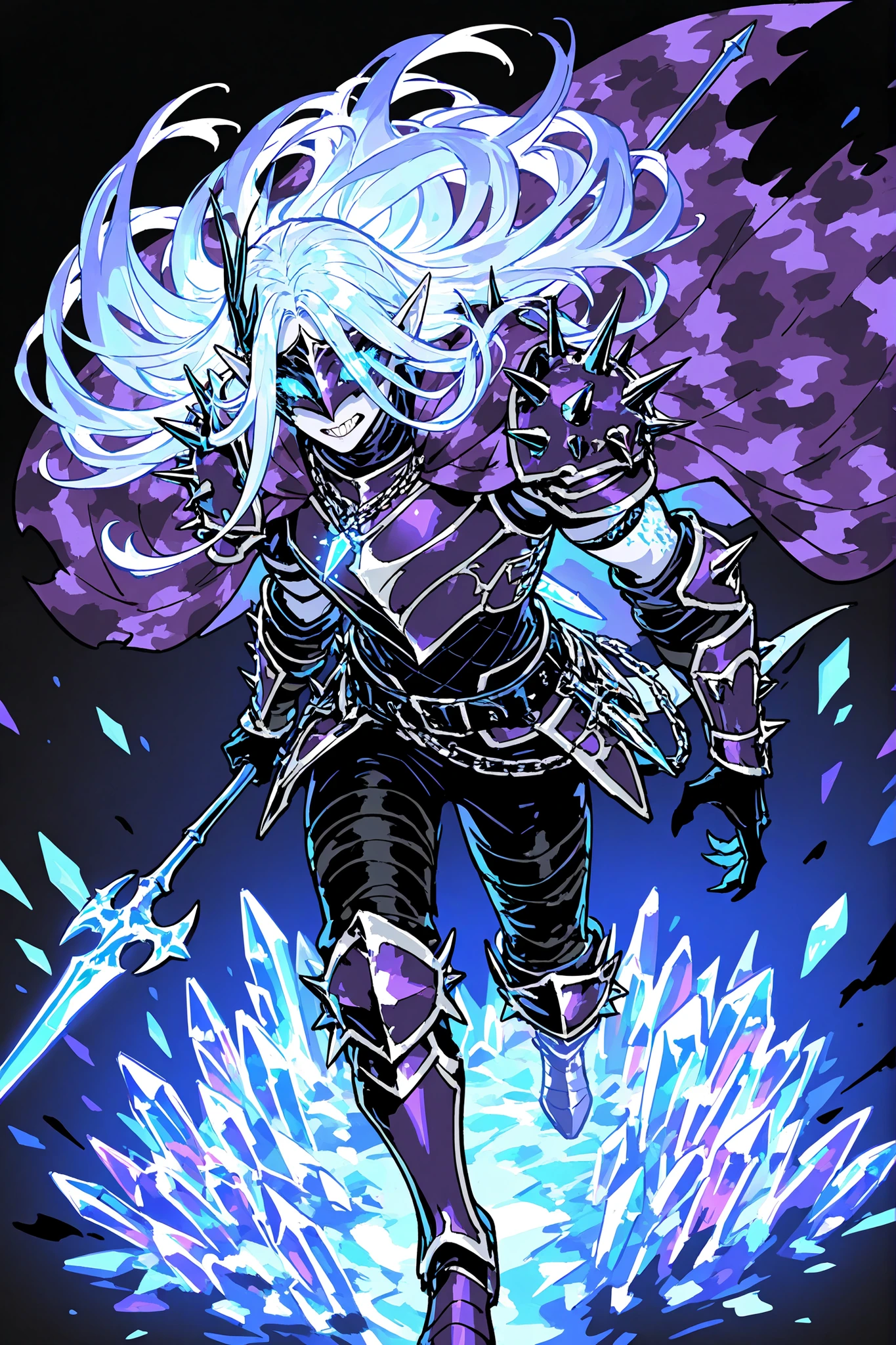 ((1 male character)) The twilight elf , wyvern rider. He has a tall broad-shouldered athletic masculine bodybuilding. He has pale-blue skin, he has long pointed elf ears. he has messy straight long bright blue hair. He has glowing TURQUOISE eyes. He has an ornate black tattoo and thick jet-black eyeliner on his eyes. He has pale lips and sharp needle-like teeth. he wearing spiked helmet with a visor in the shape of a dragon's snarl. he dressed in purple twilight knight armor: male chain mail,sternum plate etched with runic sigils , shoulder pads, bracers, knee pads on his armored boots,black trousers and greaves. He has a crystal pendant on his belt. he has a black\purple camouflage cloak. He holds a spear-Lance. He has a pet a huge purple armored dragon with a saddle on the back. (On the ackground:a darkest dungeon cave and catacombs with underground lakes, illuminated by glowing crystals. dnd.)