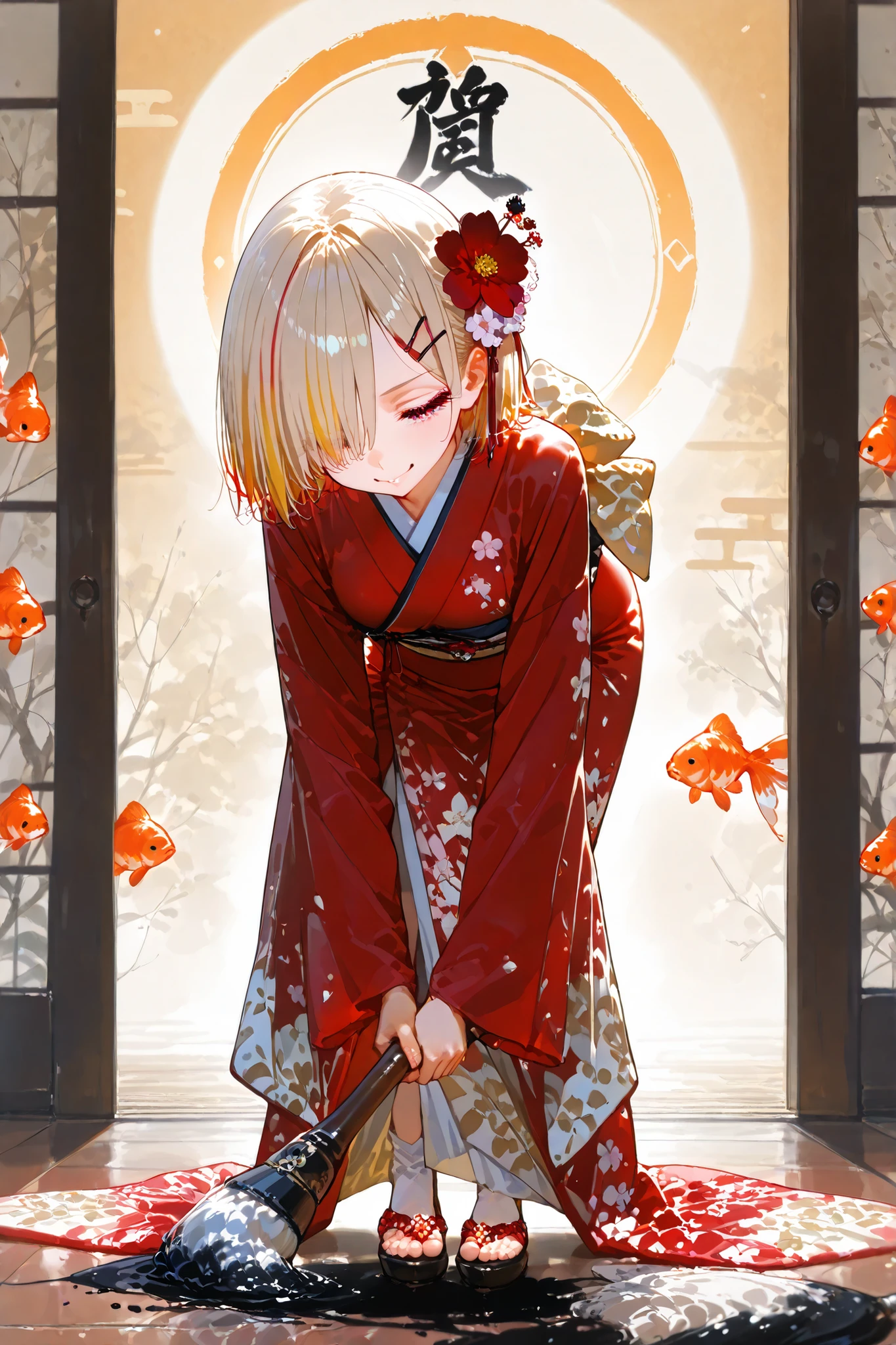 (Ink painting, masterpiece, Highest Quality, great quality, Hyper Detailed, Ridiculous, very beautiful), (Hyper Detailed background, lighting), BREAK (1beautiful女性, beautiful目, hair over one eye, A lively expression, long eyelash), BREAK (beautiful紫色の髪\short hair, shiny hair, streaked red hair, streaked blonde, Japanese-style hairpins\, big hair flower, beautiful肌), (beautiful & Elegant Kimono, complicated, みたいにbeautiful, Shoulders, decorated sandals, two black people & large orange goldfish:1.1), has a huge brush that creates flexibility, BREAK, BREAK beautiful ink background, Ink painting(Sumie), is standing, lean forward, dynamic pose