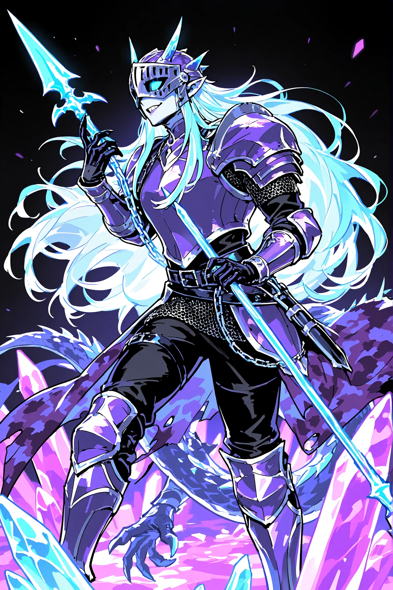 ((1 male character)) The twilight elf , wyvern rider. He has a tall broad-shouldered  athletic masculine bodybuilding. He has pale-blue skin, he has  long pointed elf ears. he has messy straight long bright blue hair. He has glowing TURQUOISE eyes. He has an ornate black tattoo and thick jet-black eyeliner on his eyes. He has pale lips and sharp needle-like teeth.  he wearing spiked helmet with a visor in the shape of a dragon's snarl. he dressed in purple twilight knight armor: male chain mail,sternum plate etched with runic sigils , shoulder pads, bracers, knee pads on his armored boots,black trousers and greaves. He has a crystal pendant on his belt. he has a black\purple camouflage cloak. He holds a spear-Lance. He has a pet a huge purple armored dragon with a saddle on the back. (On the ackground:a darkest dungeon cave and catacombs with underground lakes, illuminated by glowing crystals. dnd.)