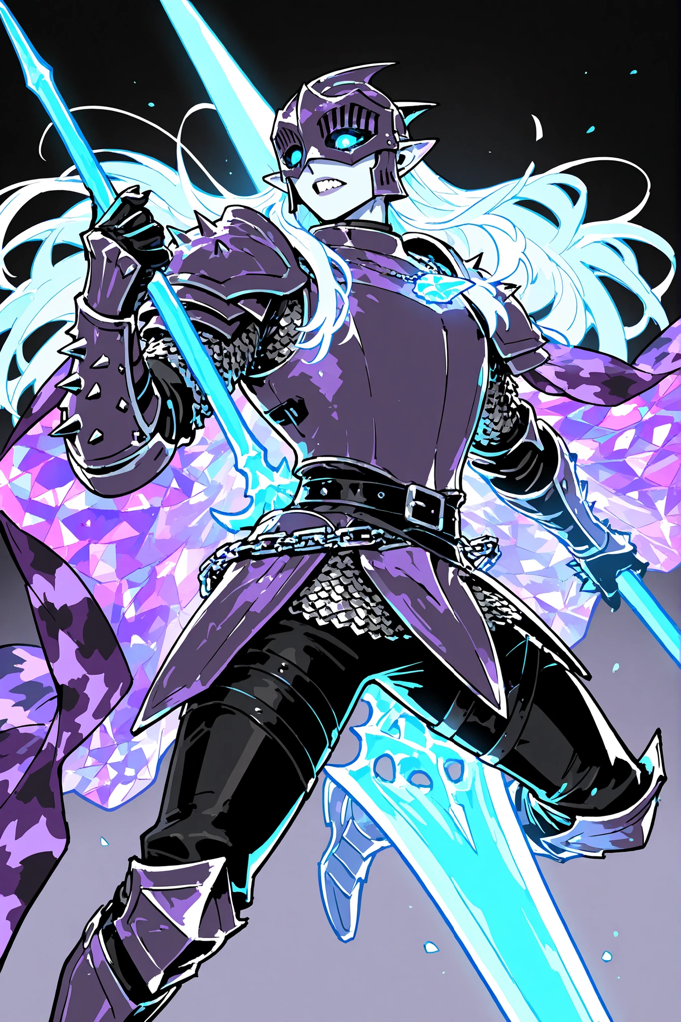 ((1 male character)) The twilight elf , wyvern rider. He has a tall broad-shouldered  athletic masculine bodybuilding. He has pale-blue skin, he has  long pointed elf ears. he has messy straight long bright blue hair. He has glowing TURQUOISE eyes. He has an ornate black tattoo and thick jet-black eyeliner on his eyes. He has pale lips and sharp needle-like teeth.  he wearing spiked helmet with a visor in the shape of a dragon's snarl. he dressed in purple twilight knight armor: male chain mail,sternum plate etched with runic sigils , shoulder pads, bracers, knee pads on his armored boots,black trousers and greaves. He has a crystal pendant on his belt. he has a black\purple camouflage cloak. He holds a spear-Lance. He has a pet a huge purple armored dragon with a saddle on the back. (On the ackground:a darkest dungeon cave and catacombs with underground lakes, illuminated by glowing crystals. dnd.)