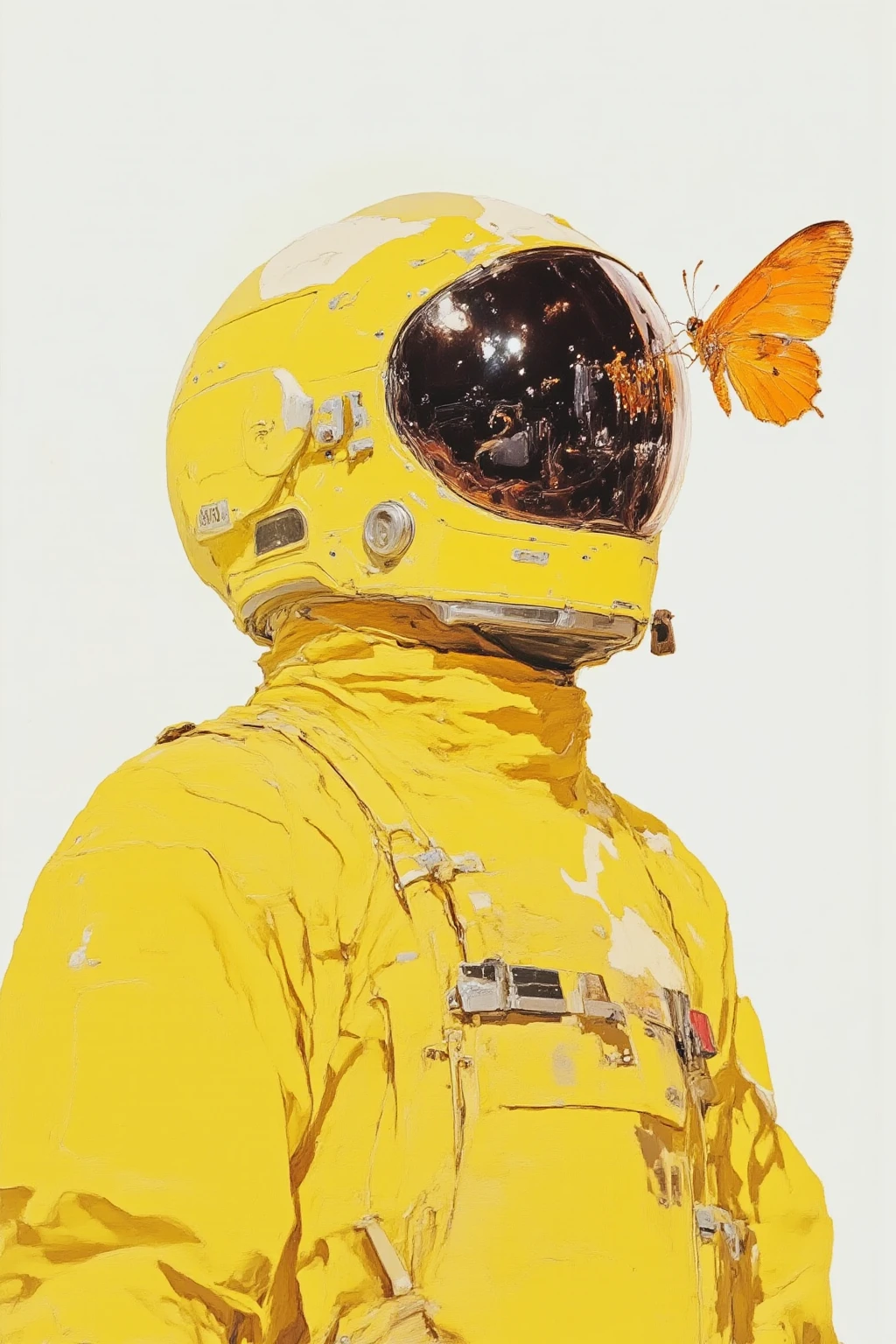 Side view close up of a futuristic astronaut in a sleek yellow spacesuit, standing against a white background. His reflective helmet visor is tilted slightly upward, as if he is looking at a single bright orange butterfly resting gently on the glass. The scene feels calm, surreal, and intimate, with fine details of the suit visible and the delicate wings of the butterfly glowing softly against the minimalistic backdrop