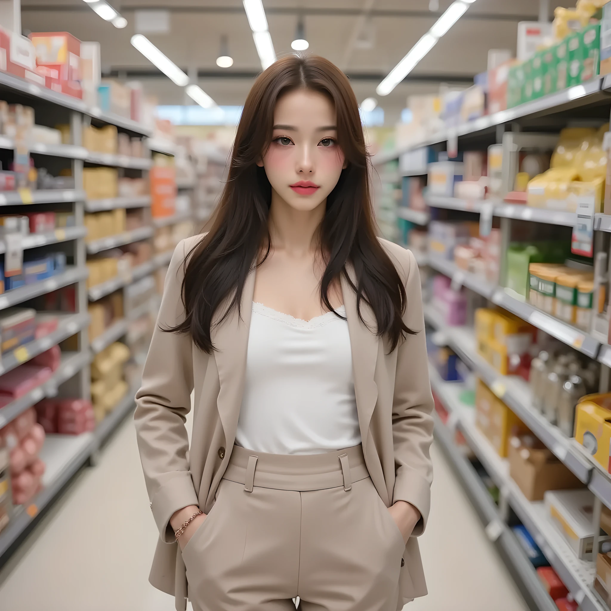 (masterpiece, best quality, ultra-detailed, photorealistic, 8k, natural lighting, DSLR photo, shallow depth of field, bokeh, realistic colors, candid photography style), a stunning young Korean woman in her early 20s, resembling Jang Wonyoung, with an hourglass-shaped body, fair complexion, casual-professional office outfit (soft blouse tucked into slim trousers, light blazer draped naturally, minimal accessories, natural hairstyle), hands in pockets, doing groceries in a supermarket aisle, realistic proportions, graceful posture, natural candid expression, smooth skin, soft background blur, everyday realism, lifestyle photo