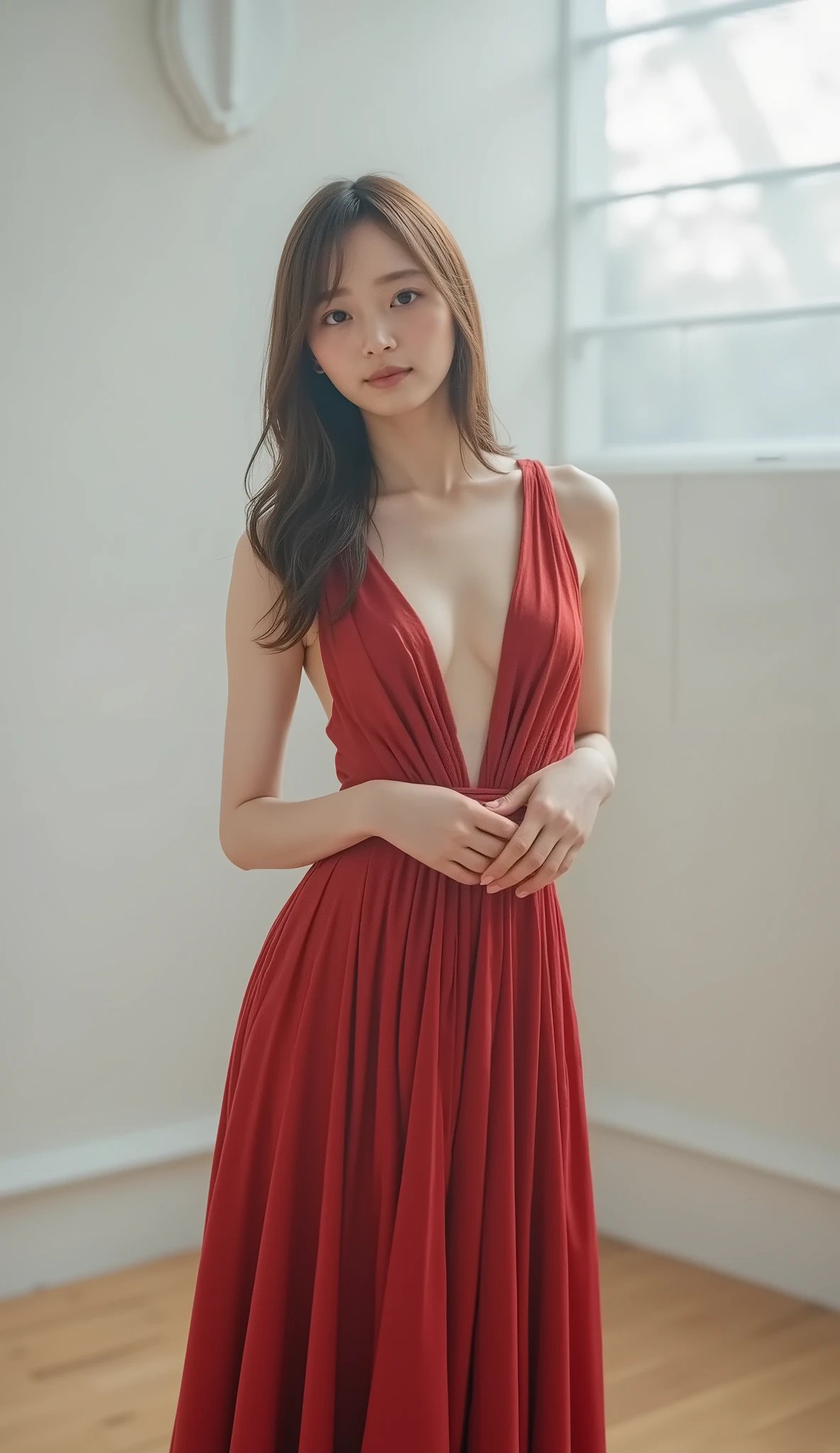 Ultra-realistic, high-fashion editorial portrait, 35mm film aesthetic. A poised Korean woman stands in a minimalist interior, wearing a sculptural crimson-to-gold gown with flowing, architectural folds. Dramatic natural light from a single high window casts soft, directional shadows, creating a shallow depth of field that draws focus to her serene yet powerful expression. The scene features painterly lighting, soft gradient tones, and a harmonious, Japanese-inspired color palette. 9:16 aspect ratio, cinematic, tranquil, and refined.