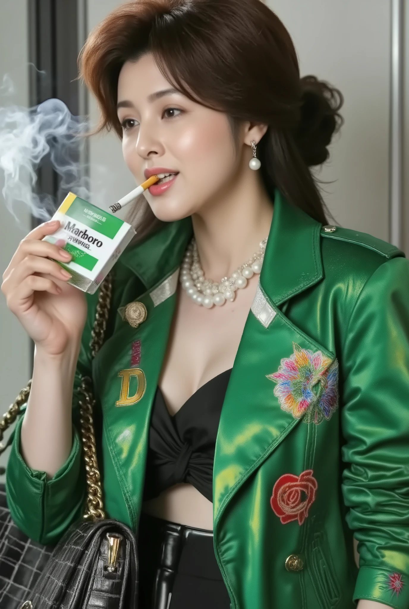 Professional close-up portrait of an attractive 50-year-old Japanese woman. ((((Norika Fujiwara)))), photorealistic, 32K quality. Ultra-realistic. Japanese mature woman. Beautiful actress. Real person, curvaceous and tall. Medium brown hair. Beautiful legs. Captivating smile. Elegant makeup. (((Smoking: 0.8))), (((((Super high quality, super clear, super high resolution, high definition, super realistic image of a green and white Marlboro Menthol box)))))), ((((Holding a brown filter cigarette in her mouth, blowing copious amounts of smoke from her mouth and nose))))), ((((Holding a Marlboro Menthol box in her hand))), ((((Putting a Marlboro Menthol box in her breast pocket)))), ((She is tucking a green and white Marlboro Menthol box between her chest and cleavage)), ((Candy green, black and rainbow Marlboro leather racing jacket with a Chanel patch)), ((CHANEL leather miniskirt, black, size 38 FR leather)), ((((CHANEL Matelassé 23 Double Flap 1st Series Crocodile Black and Gold Chain Shoulder Bag, Black 1144-5)))) (Chanel Pearl necklace), ((Chanel CC Argente Crystal Grand Bracelet)),, Large breasts, glowing skin. Focus on face, (Excellent: 1.2), Top quality, (Top quality: 1.7), High Resolution, Colorful, Highest Resolution, Dreamlike Atmosphere, Bright Colors, Live Action, Realistic Skin, Pale Skin, Surreal, Japanese Woman, Long Hair, Shiny Hair, Piercing Gaze, Delicate Skin, Slender Body, Soft Cinematic Lighting, Full Body, Oil on Body and Face, High Heels, Makeup, Bright Red Sticky Lips, ((Anatomically Correct)), Bright Red Nails, Smooth Skin, Zoom in on Face, Oil on Body and Face, Profile, Bust Up, Fuck You Pose. She wears luxurious pearl jewelry, including a multi-layered pearl necklace and drop earrings. Her bold makeup features smoky purple and silver eyeshadow, sharp winged eyeliner, and glossy berry red lips. Her thick, voluminous eyelashes further enhance her striking look. Her traditional Japanese updo is accented with a silver and pearl hairpiece. The hi