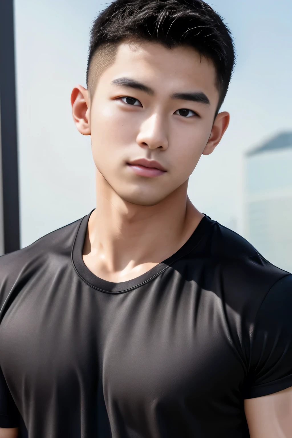 18-year-old male、Japanese、handsome guys、Macho、athletes、plain black clothes、Shaved head