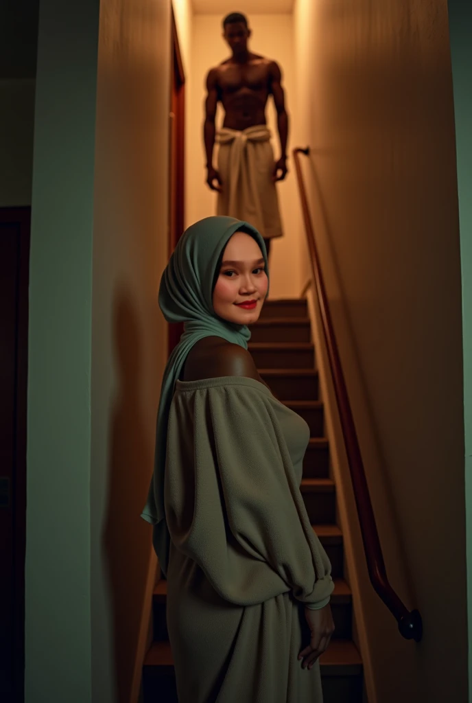 a woman wearing a hijab, wearing elegant modern casual clothes, on the side of the menara Eiffel with neon.on a beautiful night full of stars. facing forward and smiling. wearing white shoes