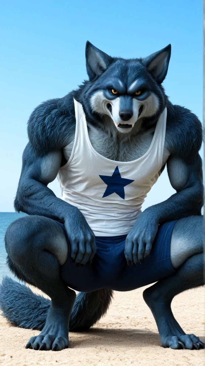male blue werewolf, white tank top, blue star print, hairy, crouching in the front, crouching , on the outside, cuerpo completo, wolf tail , Looking at the viewer, amber eyes , anthropomorphic wolf, in front al espectador , in front, vista frontal , blue shorts and tight shorts, on the beach, Sky blue, Blue Sea, sunny day, clawed feet, male werewolf, Bergamo