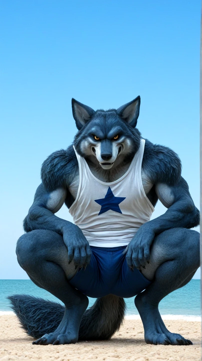 male blue werewolf, white tank top, blue star print, hairy, crouching in the front, crouching , on the outside, cuerpo completo, wolf tail , Looking at the viewer, amber eyes , anthropomorphic wolf, in front al espectador , in front, vista frontal , blue shorts and tight shorts, on the beach, Sky blue, Blue Sea, sunny day, clawed feet, male werewolf, Bergamo