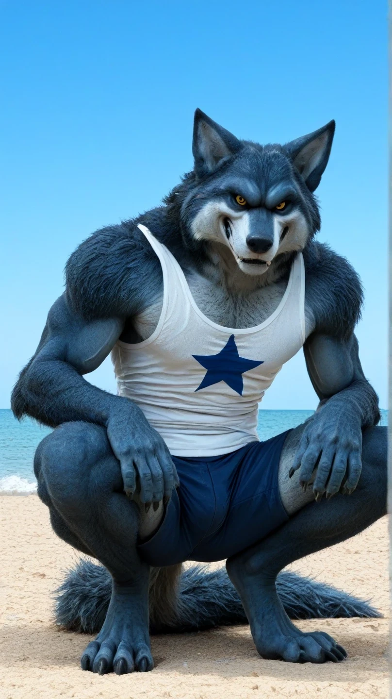male blue werewolf, white tank top, blue star print, hairy,  crouching in the front, crouching , on the outside, cuerpo completo, wolf tail , Looking at the viewer,  amber eyes , anthropomorphic wolf, in front al espectador , in front, vista frontal , blue shorts and tight shorts,  on the beach,  Sky blue, Blue Sea,  sunny day, clawed feet, male werewolf, Bergamo