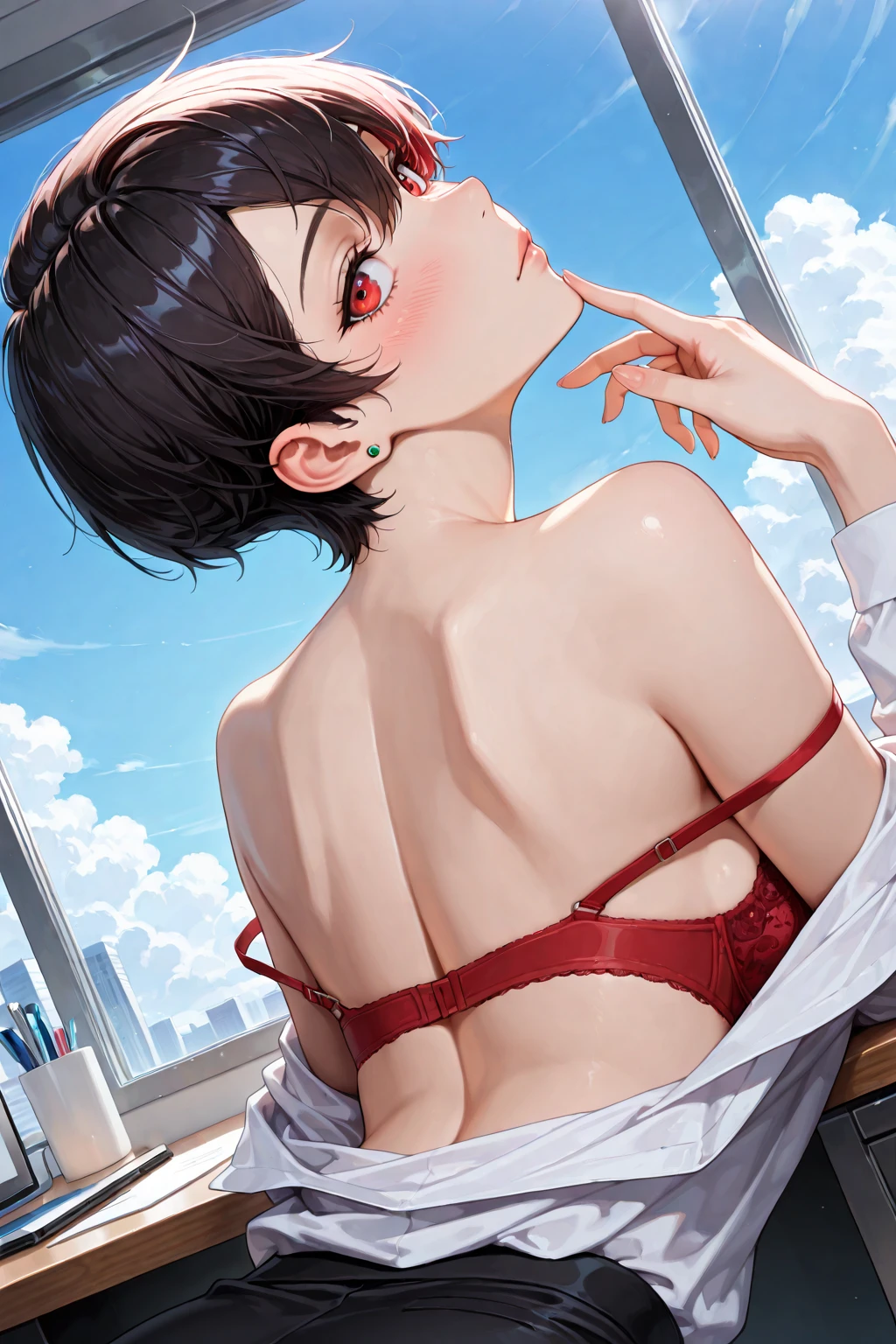 score_9, score_8_up, score_7_up, score_6_up, rating_questionable, 1girl, Polly, PollyRH, short hair, bobcut, black hair, bangs, green eyes, small breasts, almost flat chest, slim, pale skin, big round eyeglasses, clear eyeglasses lenses, nice round ass, red lipgloss, HD32k, full naked, dynamic pose, aesthetic, perspective, solo, detailed, sensual look, naked, nude, pinup pose, abstract background, detailed background, black-red tint, sensual look, pinup pose, upper body