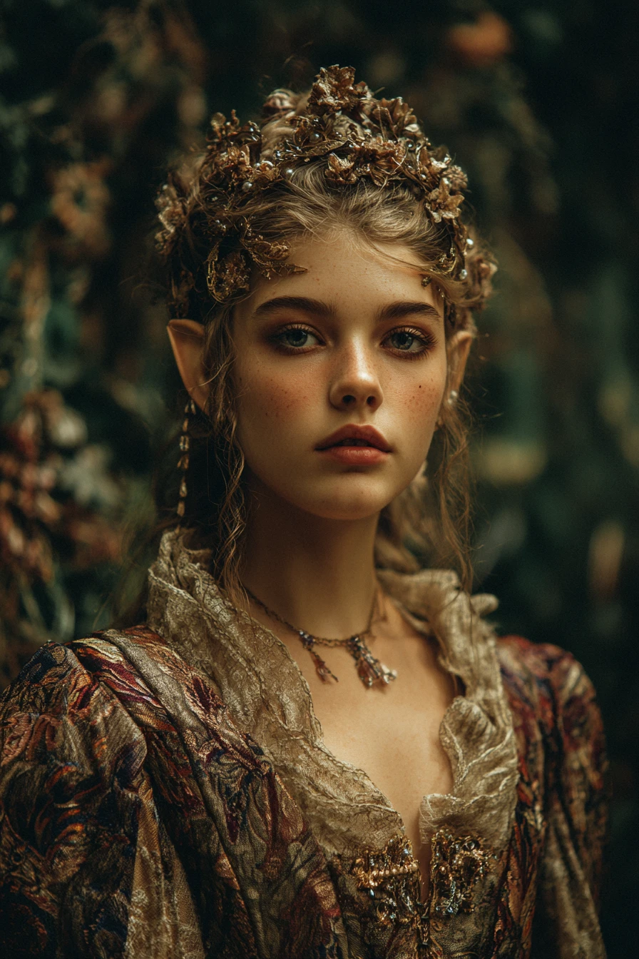 ((masterpiece、Highest quality、Very detailed、High resolution、Realistic、Sharp focus))、((Stunningly beautiful blonde female elf、(Mid Shot)、Brightness of the face))、High contrast、High saturation、Stunning and gorgeous painting、galadriel、Gorgeous dress、crown、necklace、Fantasy Portrait、With long hair and earrings、blue eyes、Detailed hand drawing、The background is a medieval room、fechin、oil painting