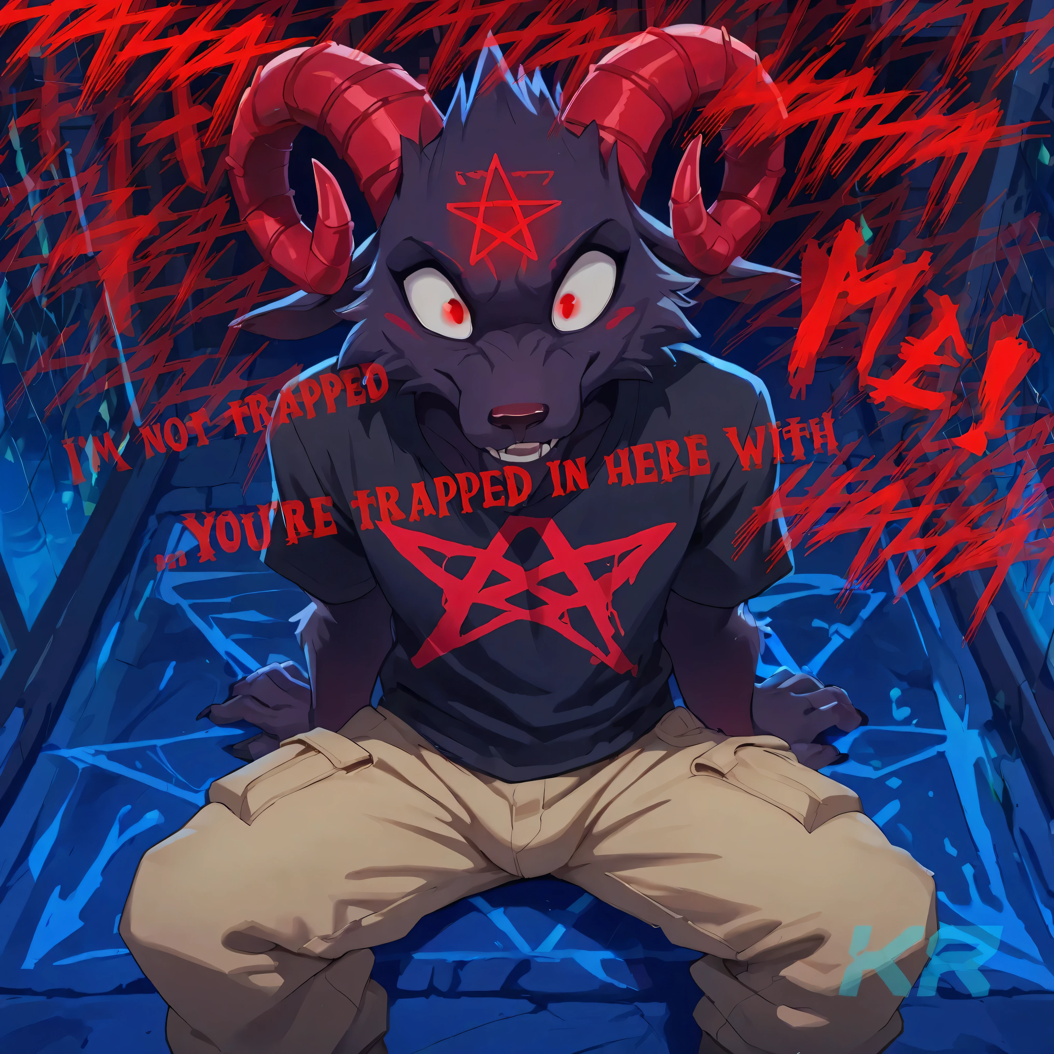 [GrimV1♂️] [Experimenting LoRa Model] - (by skweekers), solo, thin male, GrimV1, anthro, dark furs, red curved horn, red pentagram on forehead, long_snout, big-pupil, glow-pentagram, sitting in top-building, (wearing tan cargo pants), (wearing a black t-shirt), wearing an open black jacket,