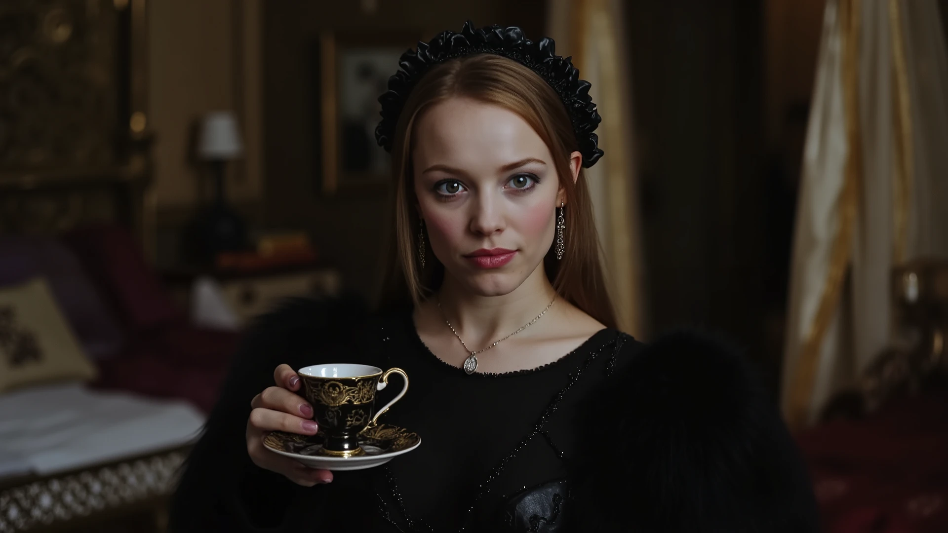 image of a woman in the Gothic Renaissance style. Dark makeup emphasizes the dark Gothic style. She has a pale, calm but at the same time beautiful face. The facial expression is aristocratic pride and arrogance. In the eyes there is a hidden secret and danger. Her clothes are dominated by dark tones: black, gray and burgundy. In one hand she holds a black porcelain teacup with a gold ornament. The background is a bedroom in the spirit of the Gothic Renaissance. The style is photorealism, deep shadows and volume.