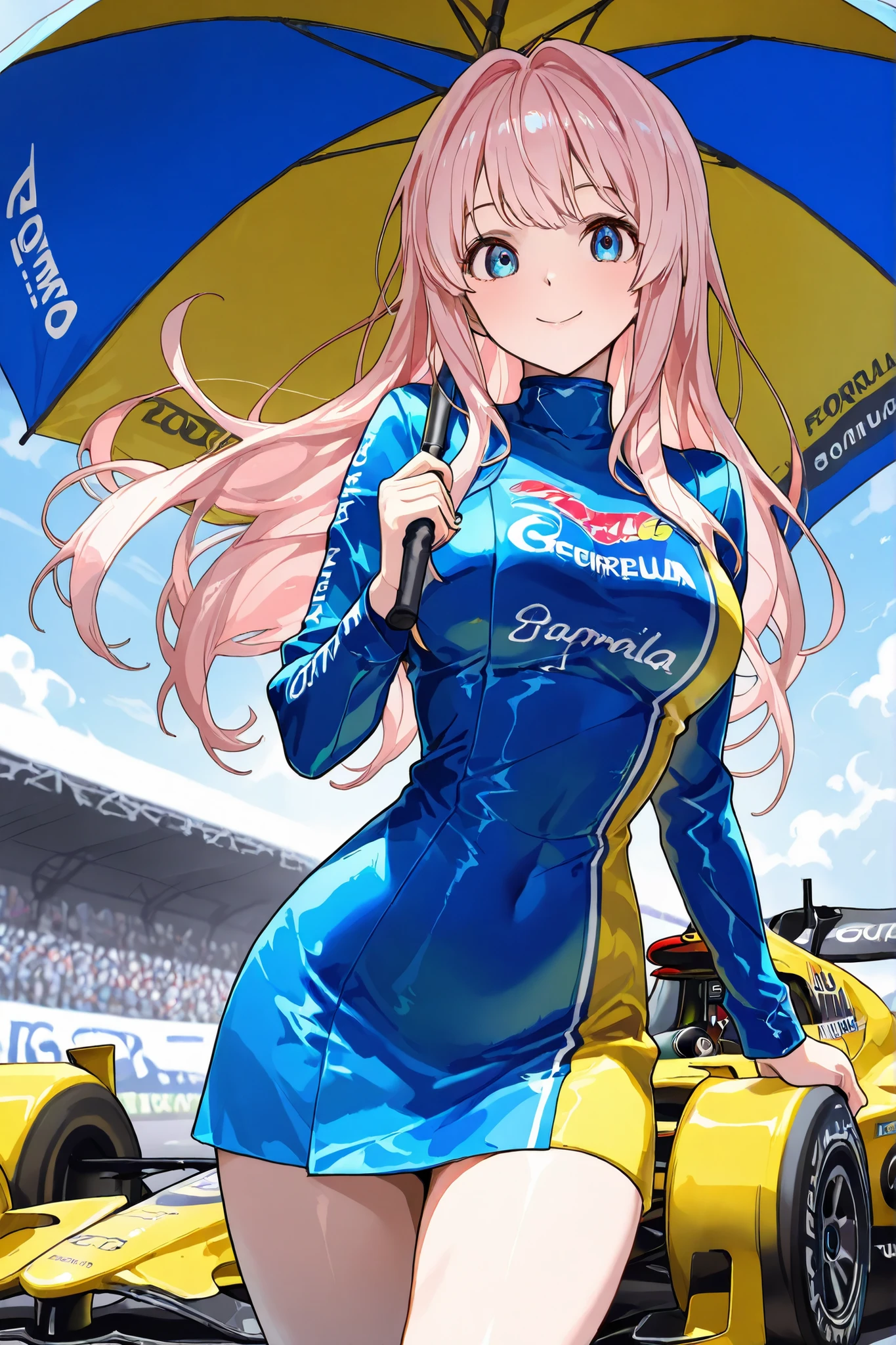 masterpiece, Highest Quality, high quality, , anime images ,girl with light pink hair、double eyes blue eyes、, long hair, race queen, Big umbrella,yellow and blue parasol, yellow and blue formula 1 car(1:1), smile, Race Course , looking at your face with correct ergonomic posture,Smile Yan
