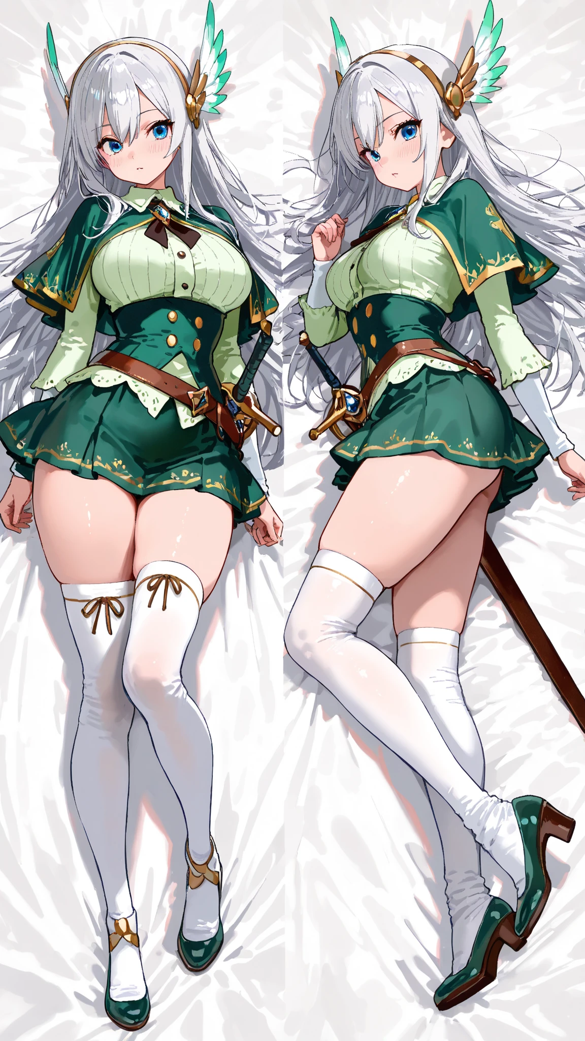 2 girl, game CG, frilly green princess dress, cleavage visible, shoulders visible, tiara, , blonde, middle hair, side ponytail, green eyes, dakimakura, full body, skirt lift, horizontal string panties, , embarrassing,  ,,