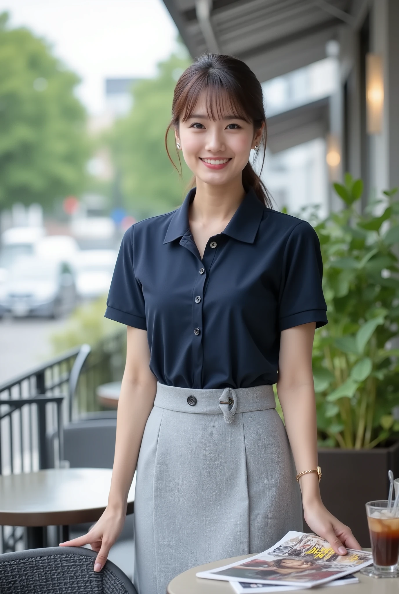 A young and very beautiful 30-year-old Japanese office worker.
She wears her short dark brown hair in a ponytail.
Long face with good make-up.
Smart body with a nipped-in waist and a nicely curved breast silhouette.
She wears a dark blue short-sleeved polo shirt and a light grey medium-length pencil skirt.
She is standing with her hands on the fence of an outdoor terrace café in cloudy weather.
On the table is a photo magazine and an iced coffee.
Kind smile.