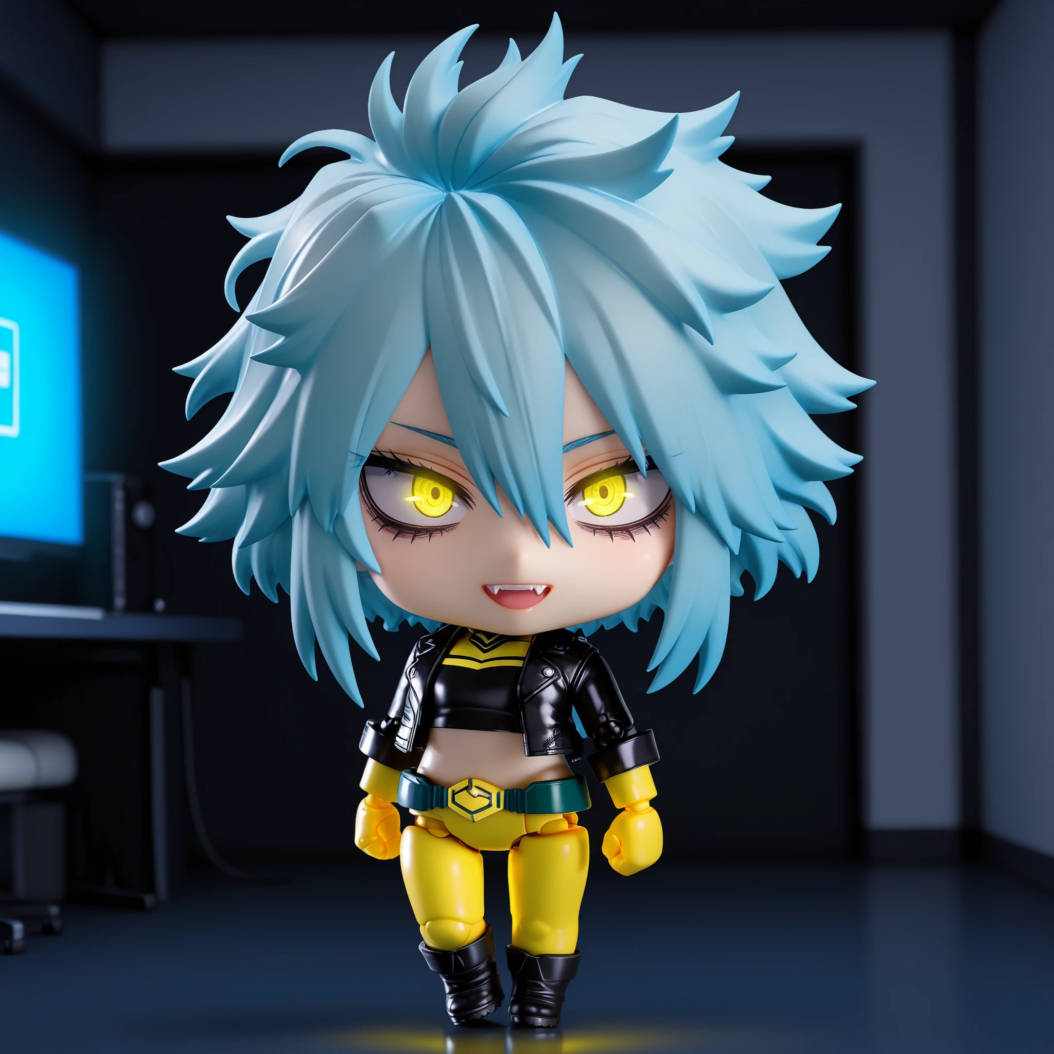 solo, full body, {((female)), my hero academia, ((mature:9)), otoko no ko, toned, ((electric blue hair)), short messy hair, hair in face, hair between eyes, light skin, ((yellow glowing eyes)), open mouth, boy hair cut, sharp fangs, dark shadows under eyes, seductive confident expression, pin-up style pose with one hand resting on thigh, wearing black leather jacket, black tight crop top, plain yellow leggings, black combat boots, Figure, Figma, joints, Nendoroid, chibi},  
[BREAK] white background, inside, gaming room, dark, night time,
[BREAK] general, masterpiece, masterwork, best quality, highres, cinematic composition, ultra-detailed lace and fabric textures, eyesHD, high gradient eyes, detailed eyes, high definition eyes, photoreal semi-cinematic style, seductive, pin-up aesthetic
