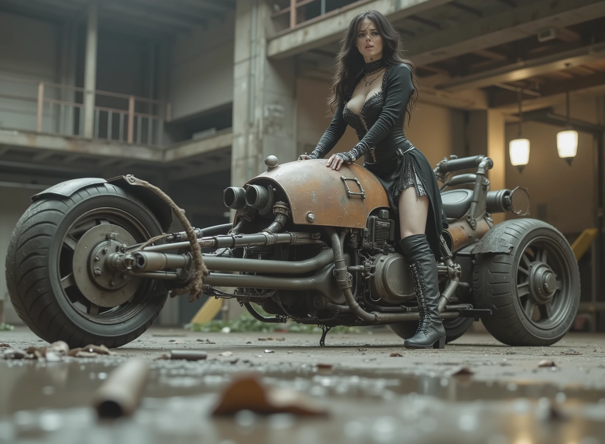 The image shows a desolate stage with a Renegade Princess, and taking the handlebars to adapt to the speed on a uniquely designed motorcycle that embodies a steampunk or post-apocalyptic aesthetic. The motorcycle is sturdy, has only 2 sturdy all-terrain wheels, with a mix of exposed mechanical components, are evident such as large barrels and intricate pipes,  with a worn palette of rusty colors and graffiti that hint at its robust durability. the renegade princess, dressed in a striking black gothic dress with corset, straps and chains as well as punk jewelry and industrial calf-length boots, radiates confidence with her miniskirt. Her outfit suggests a rebellious and daring style wearing lots of punk silver jewelry and showing off her Aztec tattoos, to complement the intense environment. The dark, desolate and deserted industrial background,  which contrasts with the elegance of the motorcycle. The ground is wet, possibly due to the recent rain, that reflects light weight and that contributes to changing environment of the scene. Elements of dirt and decay are evident, but the composition retains a sense of dynamic action and adventure.