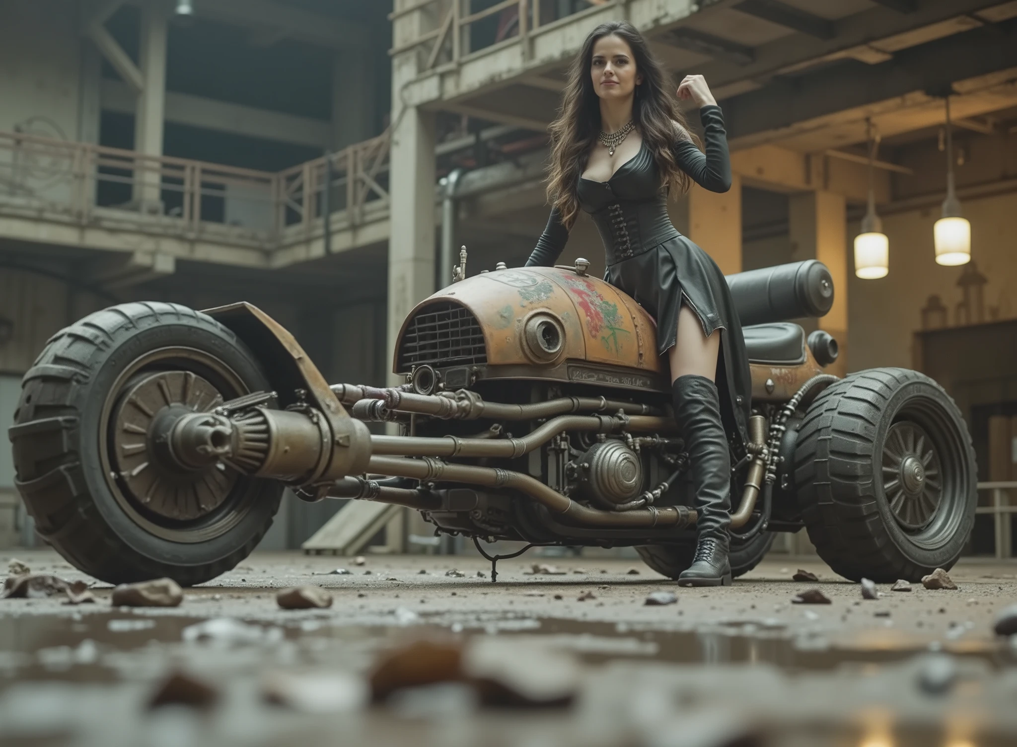 The image shows a desolate stage with a Renegade Princess, and taking the handlebars to adapt to the speed on a uniquely designed motorcycle that embodies a steampunk or post-apocalyptic aesthetic. The motorcycle is sturdy, has only 2 sturdy all-terrain wheels, with a mix of exposed mechanical components, are evident such as large barrels and intricate pipes,  with a worn palette of rusty colors and graffiti that hint at its robust durability. the renegade princess, dressed in a striking black gothic dress with corset, straps and chains as well as punk jewelry and industrial calf-length boots, radiates confidence with her miniskirt. Her outfit suggests a rebellious and daring style wearing lots of punk silver jewelry and showing off her Aztec tattoos, to complement the intense environment. The dark, desolate and deserted industrial background,  which contrasts with the elegance of the motorcycle. The ground is wet, possibly due to the recent rain, that reflects light weight and that contributes to changing environment of the scene. Elements of dirt and decay are evident, but the composition retains a sense of dynamic action and adventure.