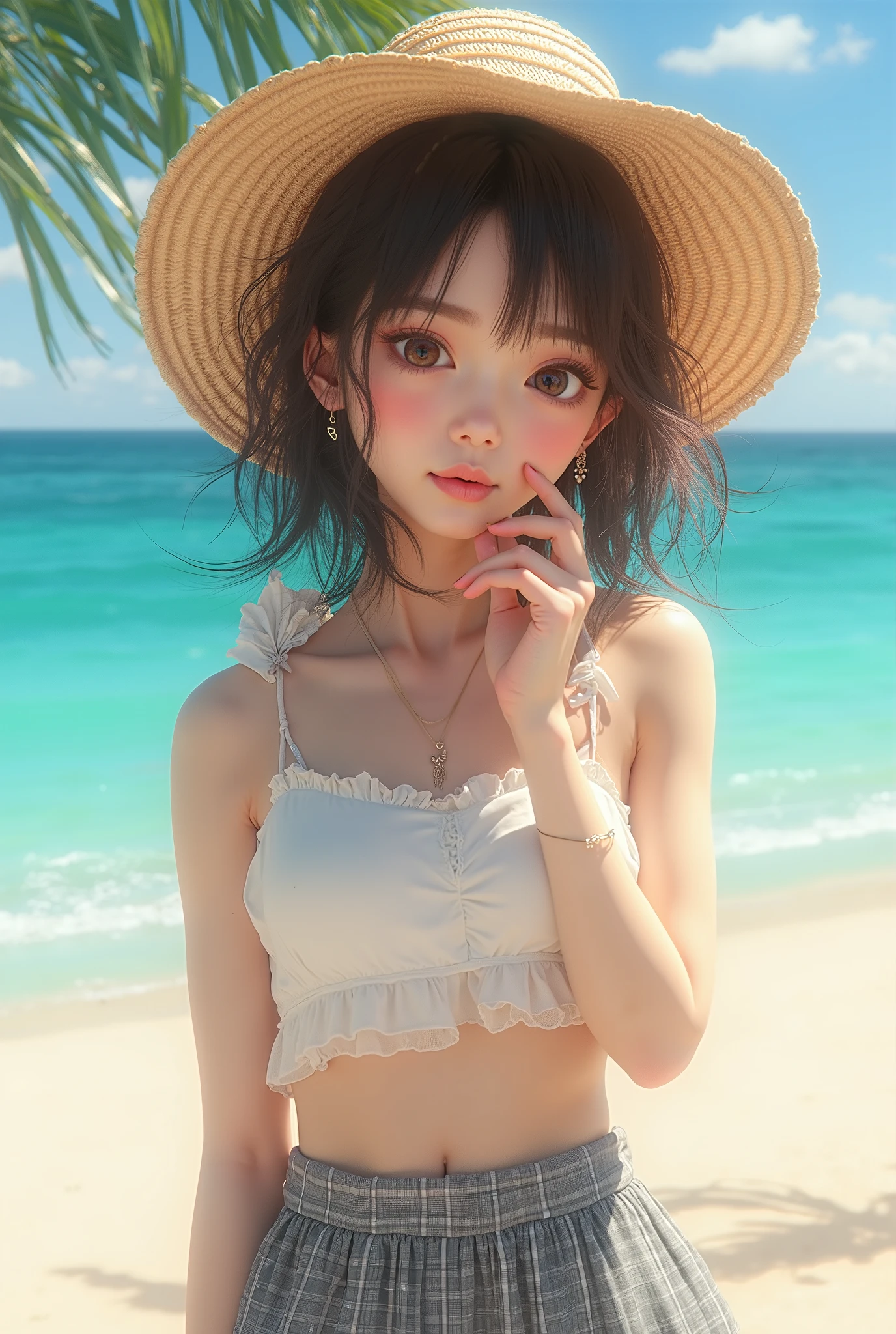 best quality,one girl,flat  low twintails,beach,casual mini dress, , no underwears, 