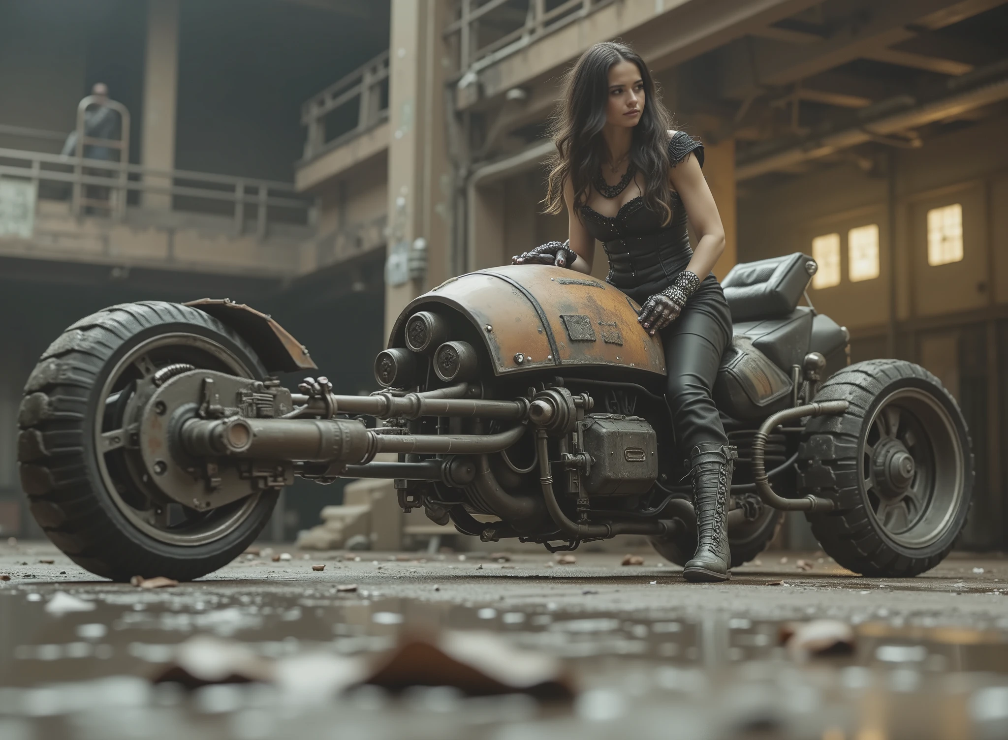 The image shows a desolate stage with a Renegade Princess, and taking the handlebars to adapt to the speed on a uniquely designed motorcycle that embodies a steampunk or post-apocalyptic aesthetic. The motorcycle is sturdy, has only 2 sturdy all-terrain wheels, with a mix of exposed mechanical components, are evident such as large barrels and intricate pipes,  with a worn palette of rusty colors and graffiti that hint at its robust durability. the renegade princess, dressed in a striking black gothic dress with corset, straps and chains as well as punk jewelry and industrial calf-length boots, radiates confidence with her miniskirt. Her outfit suggests a rebellious and daring style wearing lots of punk silver jewelry and showing off her Aztec tattoos, to complement the intense environment. The dark, desolate and deserted industrial background,  which contrasts with the elegance of the motorcycle. The ground is wet, possibly due to the recent rain, that reflects light weight and that contributes to changing environment of the scene. Elements of dirt and decay are evident, but the composition retains a sense of dynamic action and adventure.