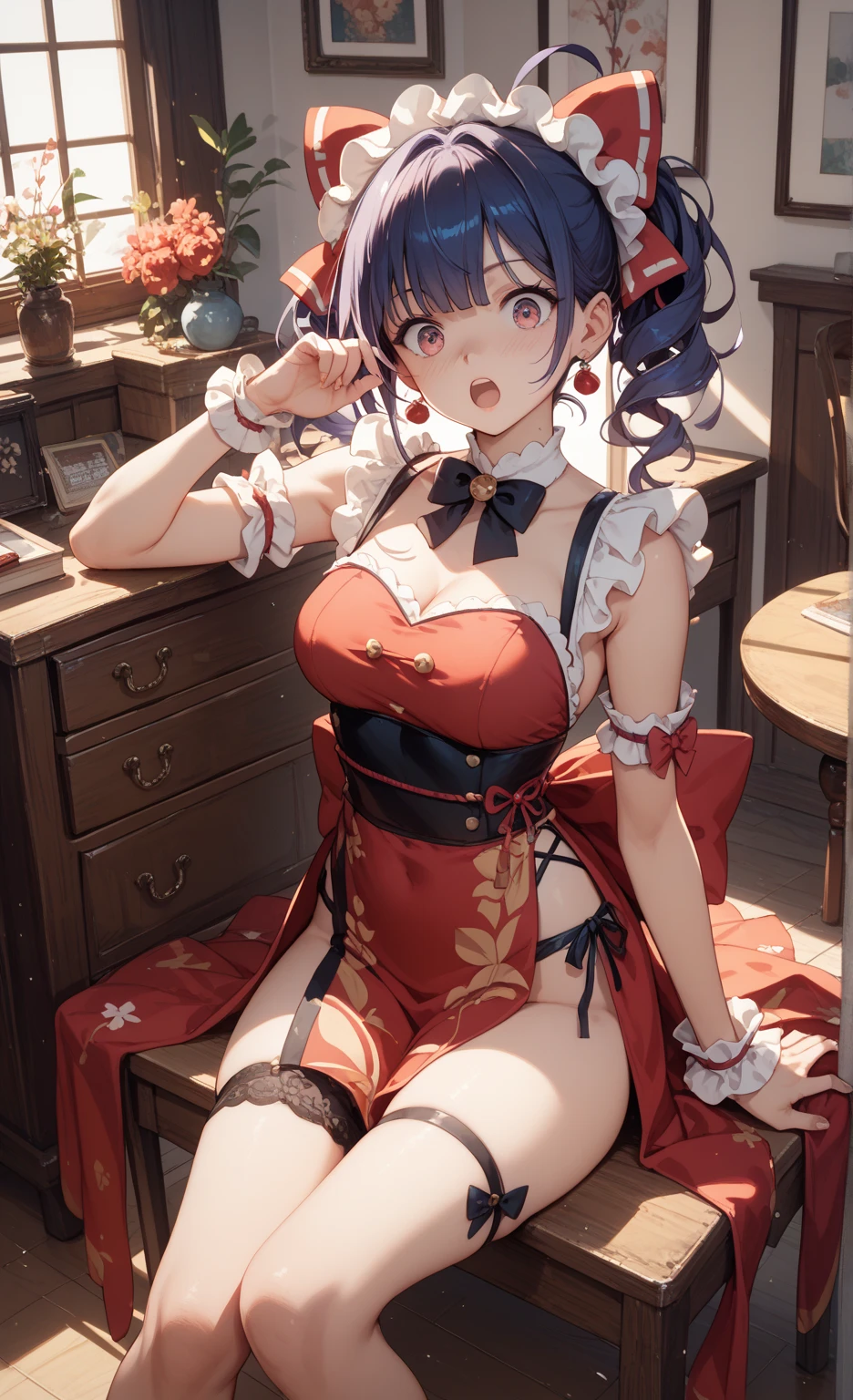 (top-quality,8K picture quality,​masterpiece:1.3,hight resolution,masutepiece:1.2), (Cascade binding:1.2), hands apart, Hands up, Perfect , Arched back, ([lookback : over the shoulder view : 15]:1.6), (dark shot:1.2), Twin-tailed, (Intricate details:1.12), (Intricate details, hyperdetails:1.15), Luxurious bedroom, Christmas Decorations,(At night:1.2), fireplace, Warm light, Dramatic light, Cinematic, (gros-plan:1.2), Bondage, BDSM,Restraint, Bound, Tied up, restrained arms, restrained hands, Fully restrained, restrained body, Bound with chains, Bound hands, Blonde hair, Open mouth, slight smile, Blushing, Slave, 23-year-old woman, (Short bob hair,Blue hair),Looking at the camera,(Red Santa Costume,Mini skirt with slit,Stockings,a choker,long boots:1.2),Bondage Fashion,(Rope Bondage),( :1.6), Rope Mark,(back arms:1.4), ( Bondage:1.5), (Arm :1.5), (Luxurious bedroom:1.3),Christmas Decorations,(Young gravure idols, Young skinny gravure idol, sophisticated gravure idol),(detailed flawless face),normal hands,Normal finger,Normal legs