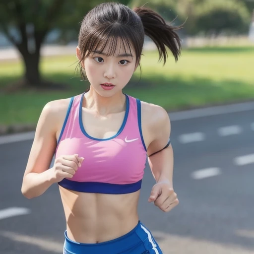 highest quality、8K、Perfect Face、Perfect Style、perfect body、model、Sunburn、beautiful lady、mature、long curly layer brown hair、Swept-back hair、full body, 、charming、healthy、
running, Gray Track Top, pink shorts, ponytail, athletic build, dynamic brushstrokes, fluid movement, capturing the essence of her athleticism and energy, using light colors and soft tones to create a dreamy and ethereal atmosphere, portraying the motion and grace of running, showing the wind blowing her ponytail and clothes, and the scenery of her surroundings.
outdoors, detailed background, Modern metropolis,