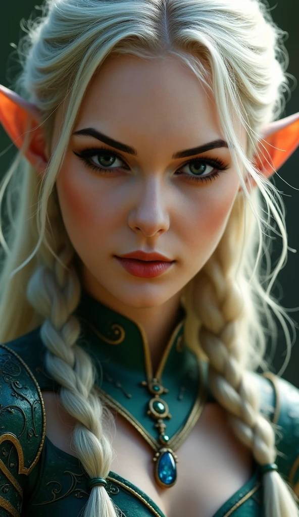 female cute elf, (anatomical biometrical hands), in a jungle, two braid hair, perfect body shape, ((wearing cute elf dress)), cute face, full body, looking back (hyper detailed eyes, hyper detailed face), 16k, 8k, RAW photo, best quality, masterpiece, high detail RAW color photo, dramatic lighting, cinematic lighting, back light, professional lighting