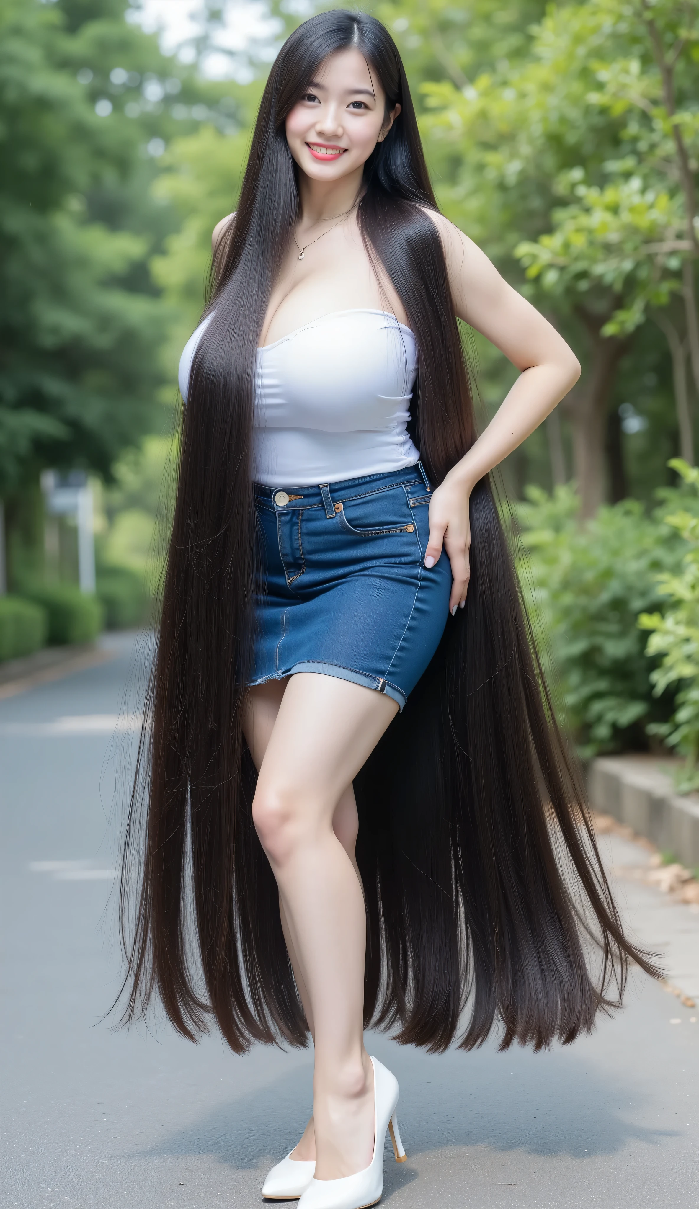 Very cute and young Asian girl with dimples.she is standing .She wears a very tight sleeveless and strapless white tube dress , fits tight denim mini skirt and white high heels. She has the longest black hair .Cô có mái light black hair dài nhất dài tới 32 mét. She wears a short tight white shirt , round butt and highest hips . light black hair .She has the highest definition , Caucasian .Background is the street in the garden. She spread her long, her hair is extremely thick and extremely long from her super long hair, ((Remote photo 32 meters)). Real Hand , 5 naturally beautiful fingers. ((Negative Reminder: bad anatomy , bad hand , bad fingers, missing finger, extra fingers, fused finger, mutant hand, chi thừa, deformed fingers, distorted body, translucent, low quality, unrealistic hair , bad eyes, bad teeth, boker effect))