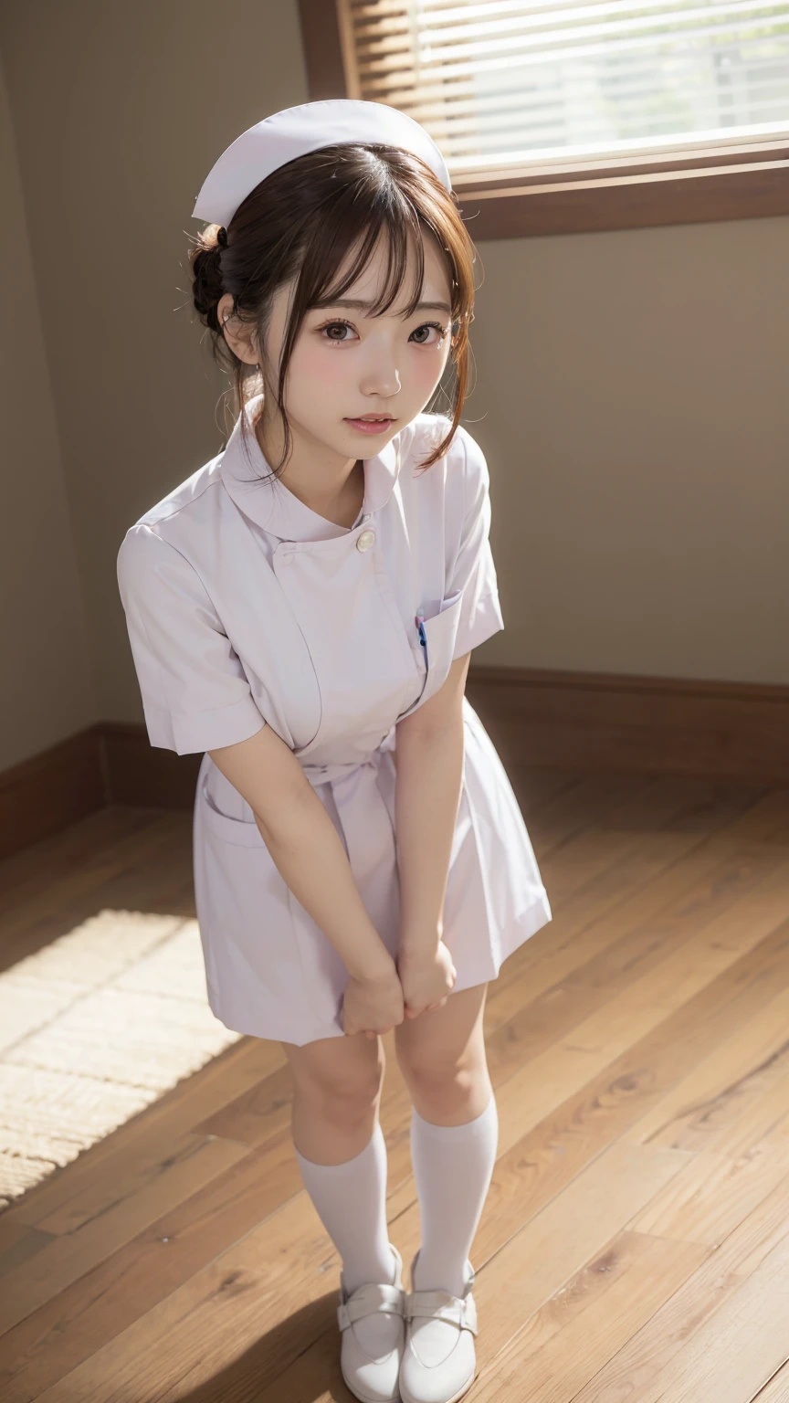 best quality, details, beautiful, insanely details, abusseur dress,perfect ,
Japanese woman turning her k, black hair,Age 27,
(slender),
(small best quality),
nsfw,(pubic hair:1.5),(open_Cat:1.0)Thinking, serious expression, sitting, (:1.2), (Scratching head:1.2), Right facing, curly hair, (knee-length white nurse uniform:1.3), At the office, With chair, full body shot , from the front
((bed)),((angles from below)),((少女の真angles from below))