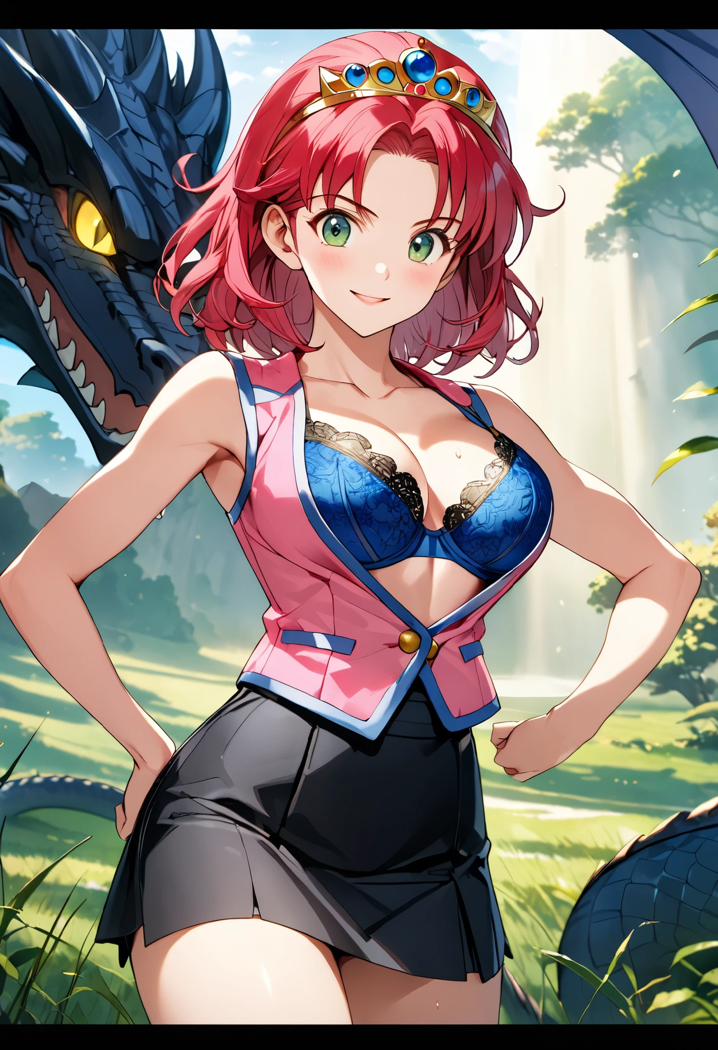 masterpiece, best quality, high definition,16 thousand.,official art,super detailed skin,detailed,animated painting, (Madame from Dragon Quest:1.3),1990-е \(style\),(pink vest ,blue gold bra,Black mini skirt:1.3)、(B-cup of beautiful breasts)、neckline, (high:1.2),height: ,Fashion model body type、Sweating all over her body、couple、(muscular:1.2)、(sexy),nsfv,потная、Full body configuration 、will come back happy, big laugh ,Anime-style painting style,red hair,short wavy hair,tiara ,Full body close-up,cinematic lighting,Ultra slim,In the meadow ,morning,(sexy),close-up,green eyes