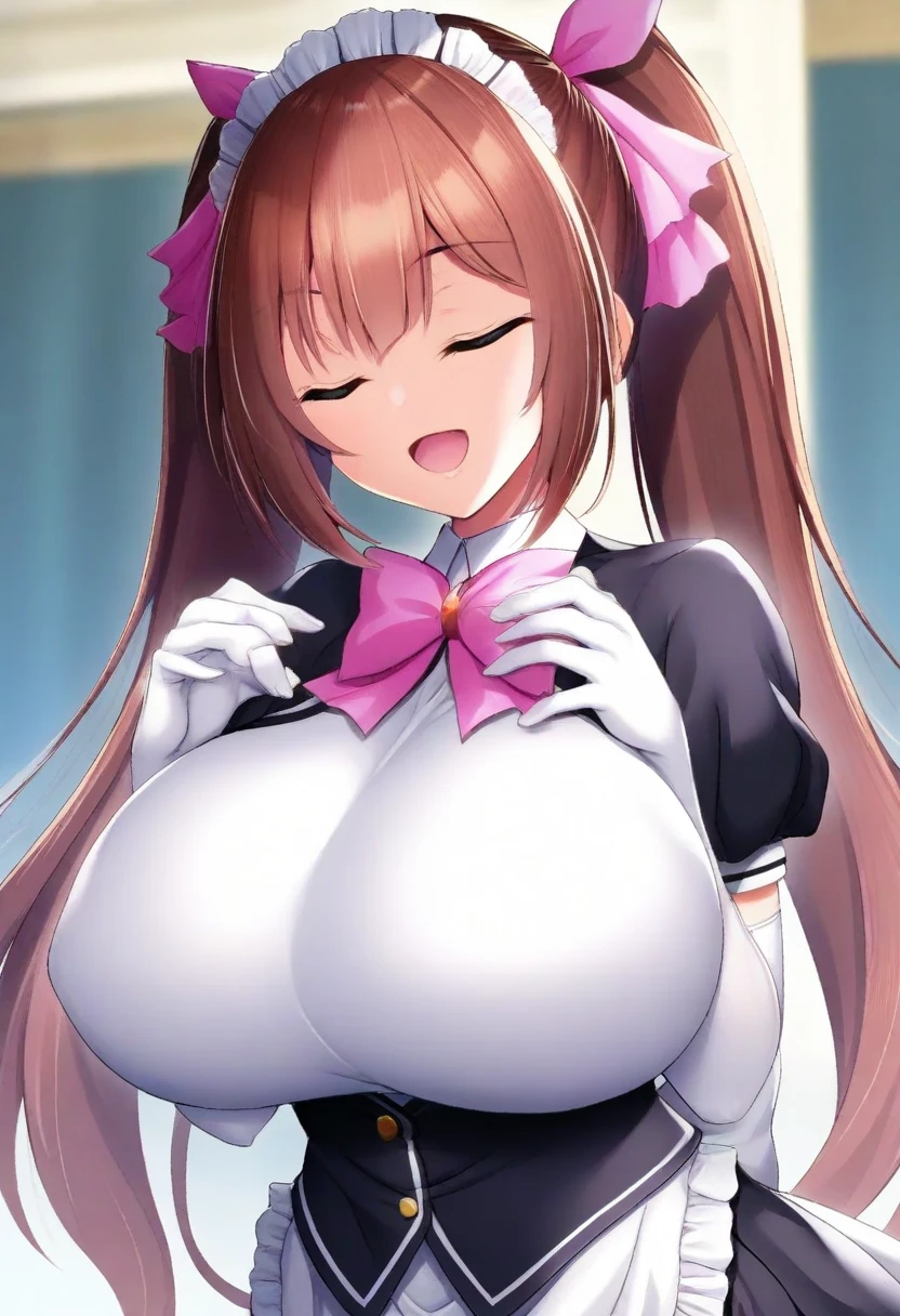 masterpiece,high quality,high highres,1girl,Myoudou_Mei, smile, :D, white gloves,black pantyhose,pink bowtie,micro skirt,elbow gloves,maid headdress,waist apron,puffy sleeves, full body, squatting, kitchen, ??????? out, cleavage, ???????, ????,