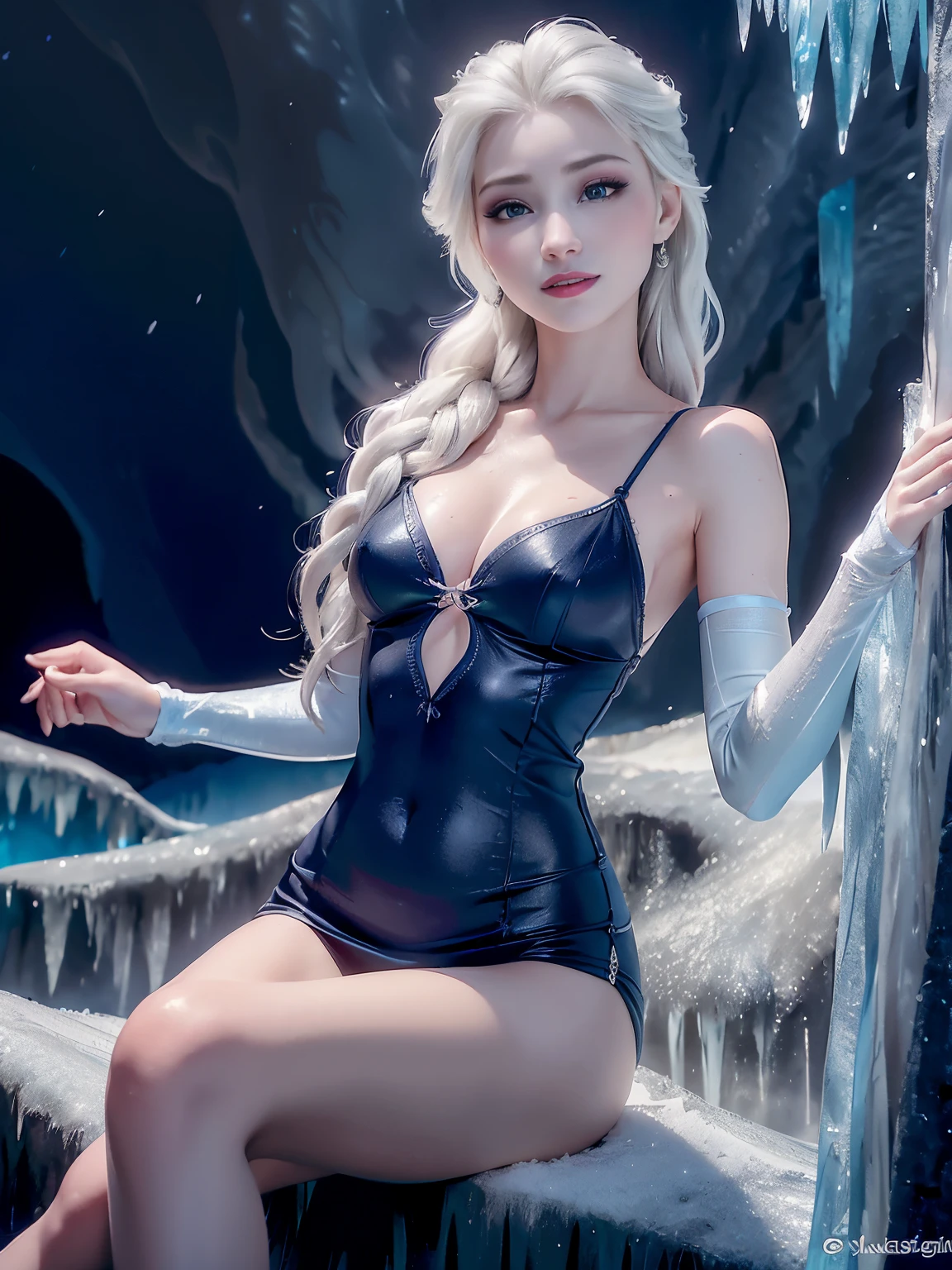 Photo of Elsa Forzen of Arendelle wearing Blue gym outfit, Nice, show breasts, tall, sexy legs, small breast, brighter natural lighting, available natural light, cloudy white balance, morning scene, ((midnight, hyperrealistic, 8k, masterpiece: 1.3)), sublime woman with full body, long legs, focal length: 1.2, figure with small breast，Beautiful woman with perfect figure: 1.4, ((Silver hair, Small breasts :1.2 )), (low chest， ((ice cave, frozen, Yuki))，Very detailed facial and skin texture, there are a lot of people there，eyes detailed, double eyelids, big eyes, nice small breast, 25 years old, crispy breasts, smiling, curls, lipstick, wears earrings, noble beauty, Plum, white skin, hot, small breast are very charming, eye shadow, attractions, frozen, ice cave, dynamic pose.
