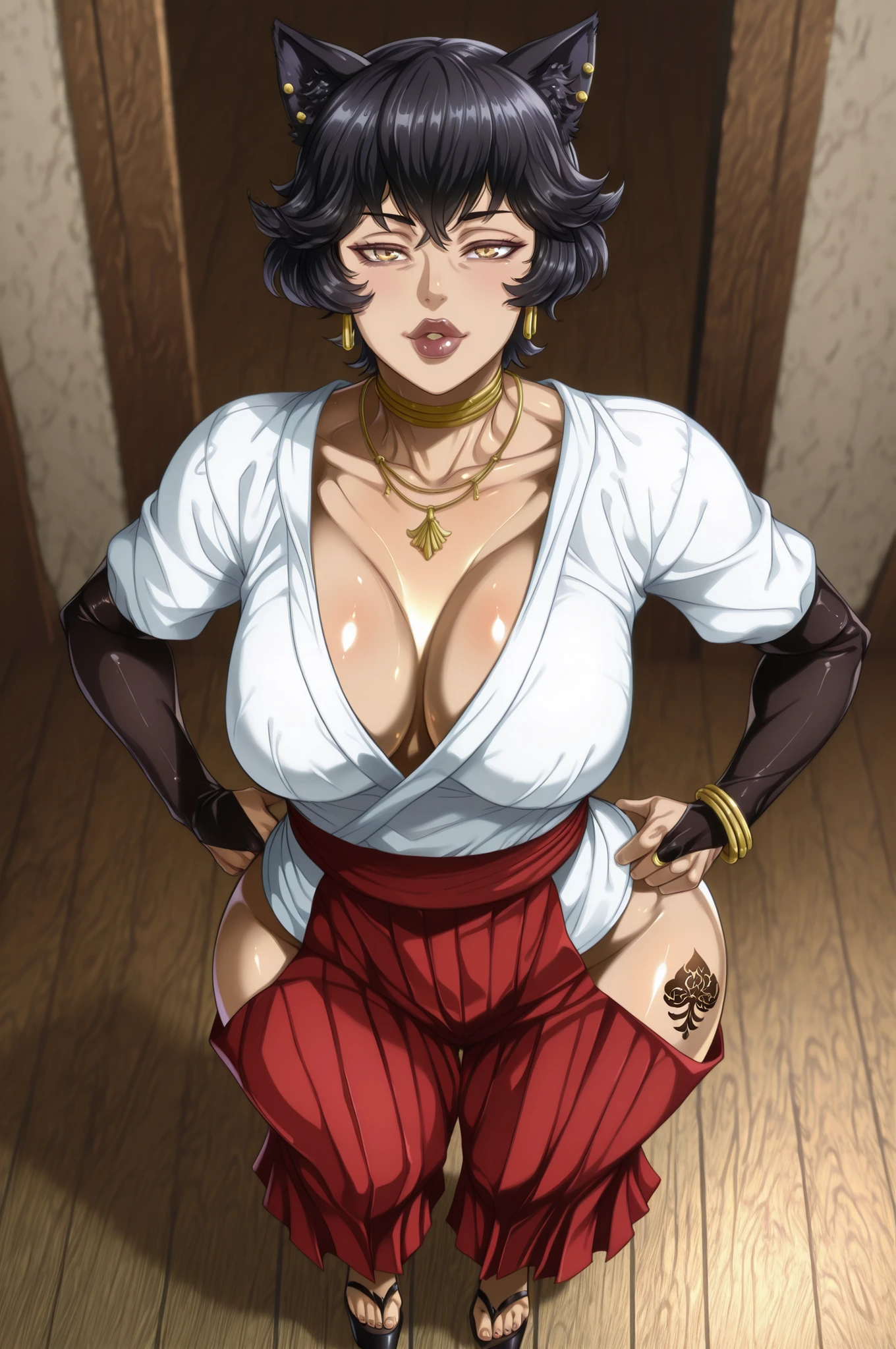 Kali_RWBY,,queen of spades tattoo,(tan olive skin:1.4),andou hiroyuki style, jewelry, round face, v neck shirt, , yellow eyes, dark lips ,(masterpiece,best quality,ultra_detailed,highres,absurdres:1.2,amazing quality,very aesthetic),source_anime, rating_explicit, japanese clothes with gold detailing, long sleeves, hakama skirt, bridal gauntlets, regular sized head, milf,solo, (mature older woman:1.3), kali belladonna from rwby, pierced cat ears, pixie cut, (big thick lips),very short hair, black hair, small_medium breasts, wide standing pose, above view, platform heels, (jewelry), jeweled choker necklace, gold hoop earrings,