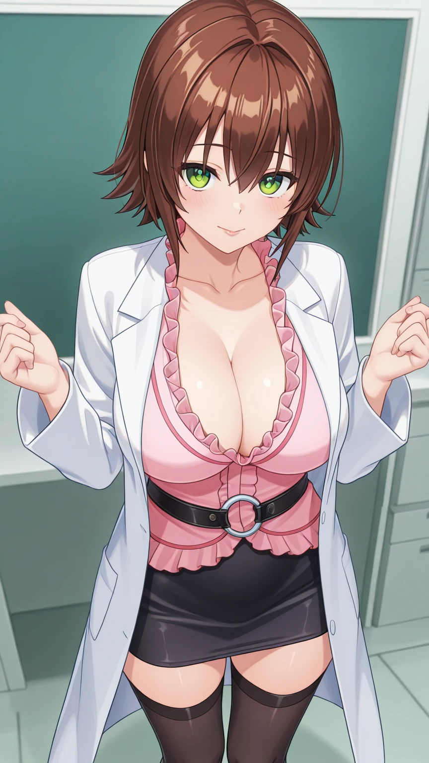 anime screencap, masterpiece, best quality, high resolution, 2D, anime cels, best quality, high resolution, 1woman, mikado ryouko, labcoat, skirt, thighhighs, (?????????????:1.2), blush, smile, cleavage, looking at veiwer, from above, chair, sitting, wiedow